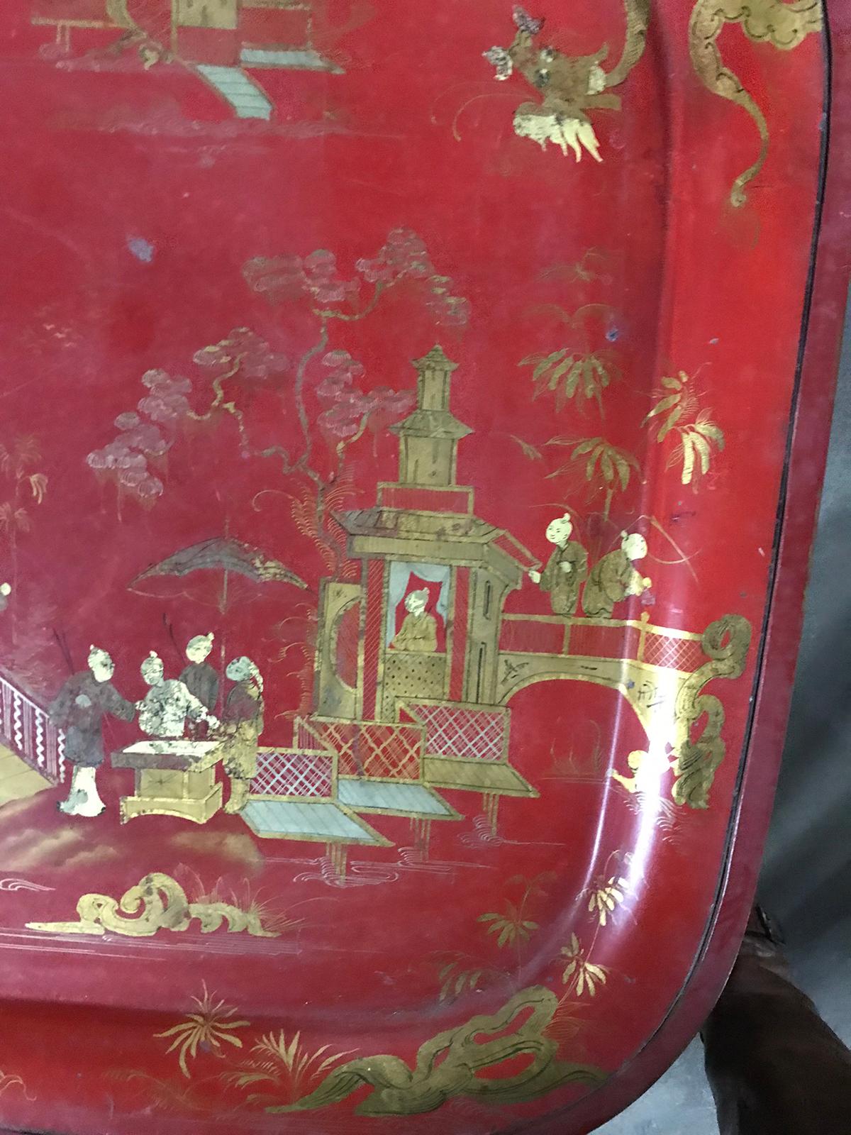 19th Century Red Chinoiserie Tray on Custom Stand as Coffee Table For Sale 3