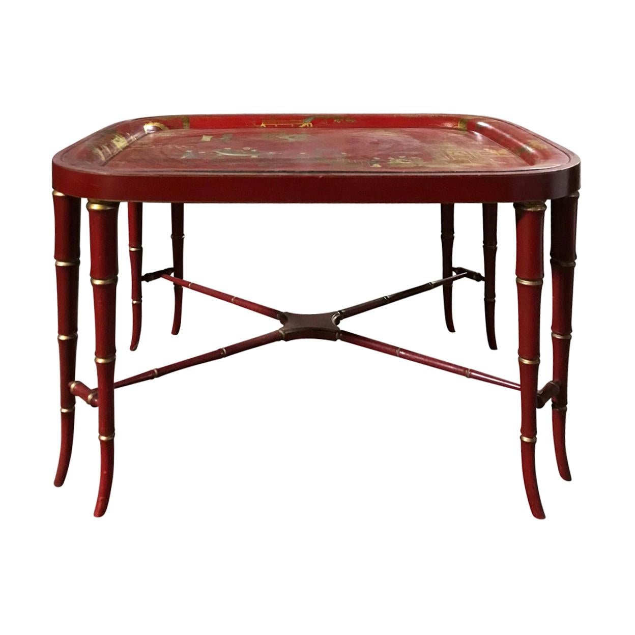 19th Century Red Chinoiserie Tray on Custom Stand as Coffee Table