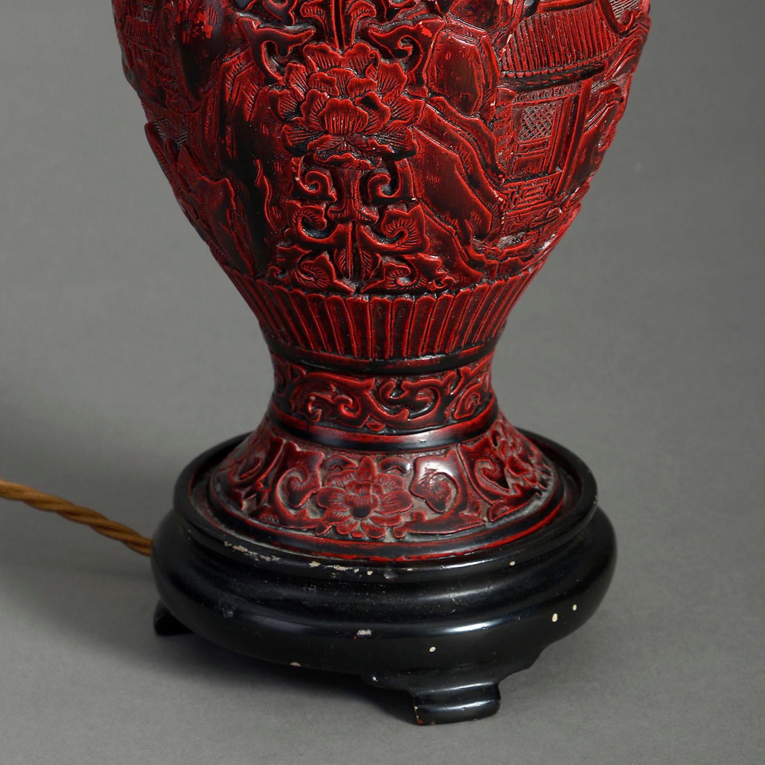 Chinese Export 19th Century Red Cinnabar Lacquer Vase Lamp