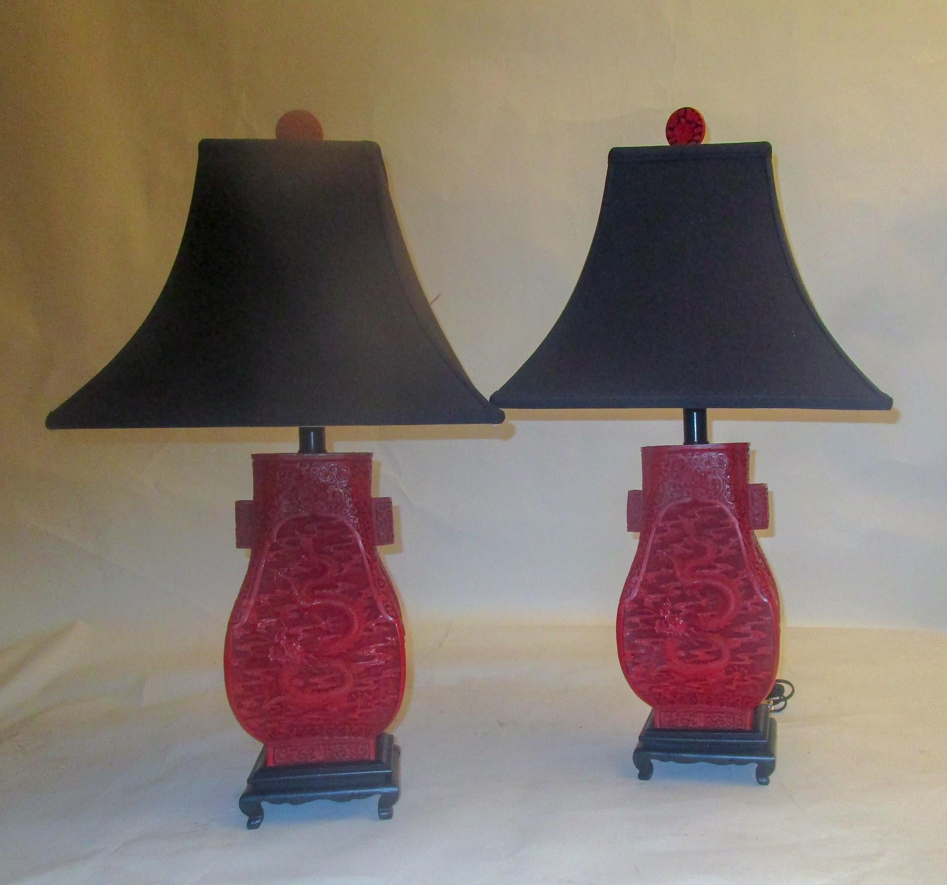 19th Century Red Cinnabar Lacquer Vase Lamp Pair 4