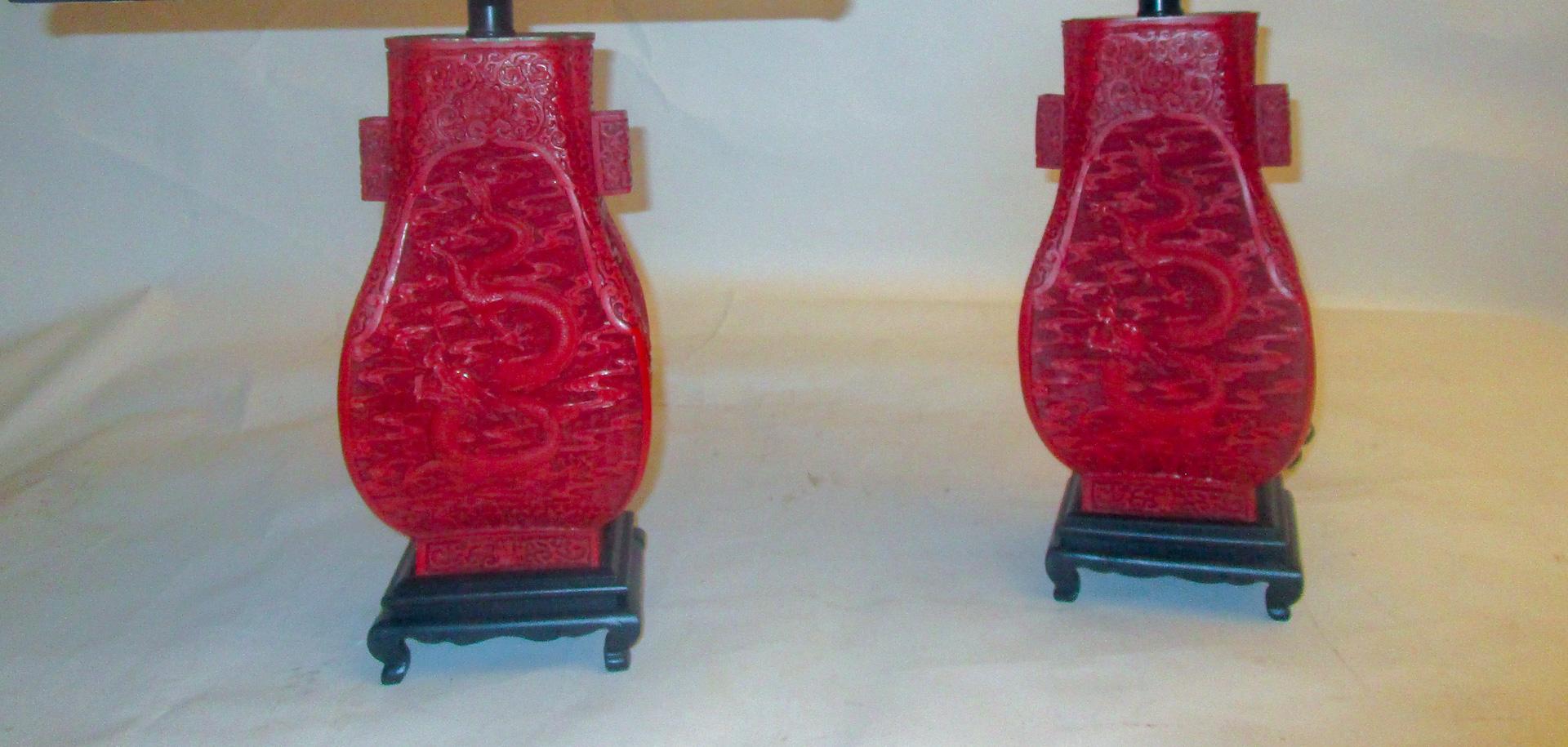 19th Century Red Cinnabar Lacquer Vase Lamp Pair 5