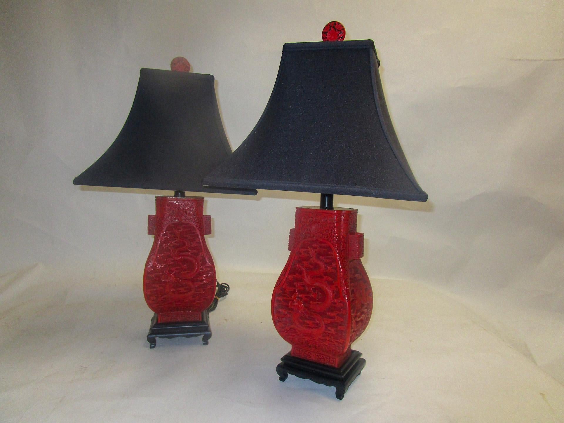 19th Century Red Cinnabar Lacquer Vase Lamp Pair 6