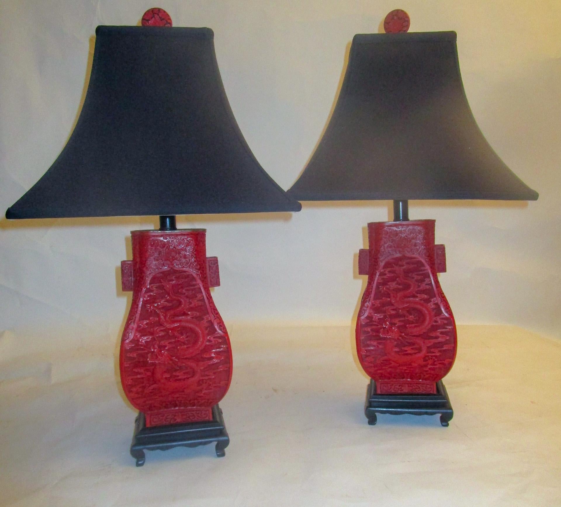 19th Century Red Cinnabar Lacquer Vase Lamp Pair 7