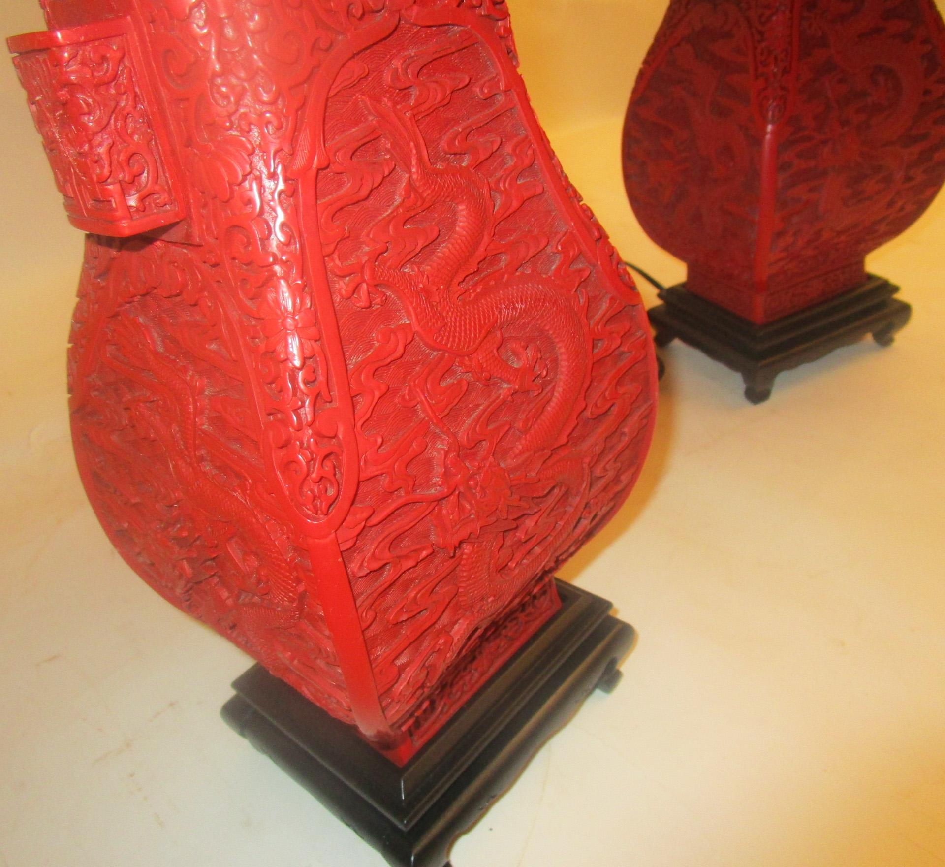 Late 19th Century 19th Century Red Cinnabar Lacquer Vase Lamp Pair