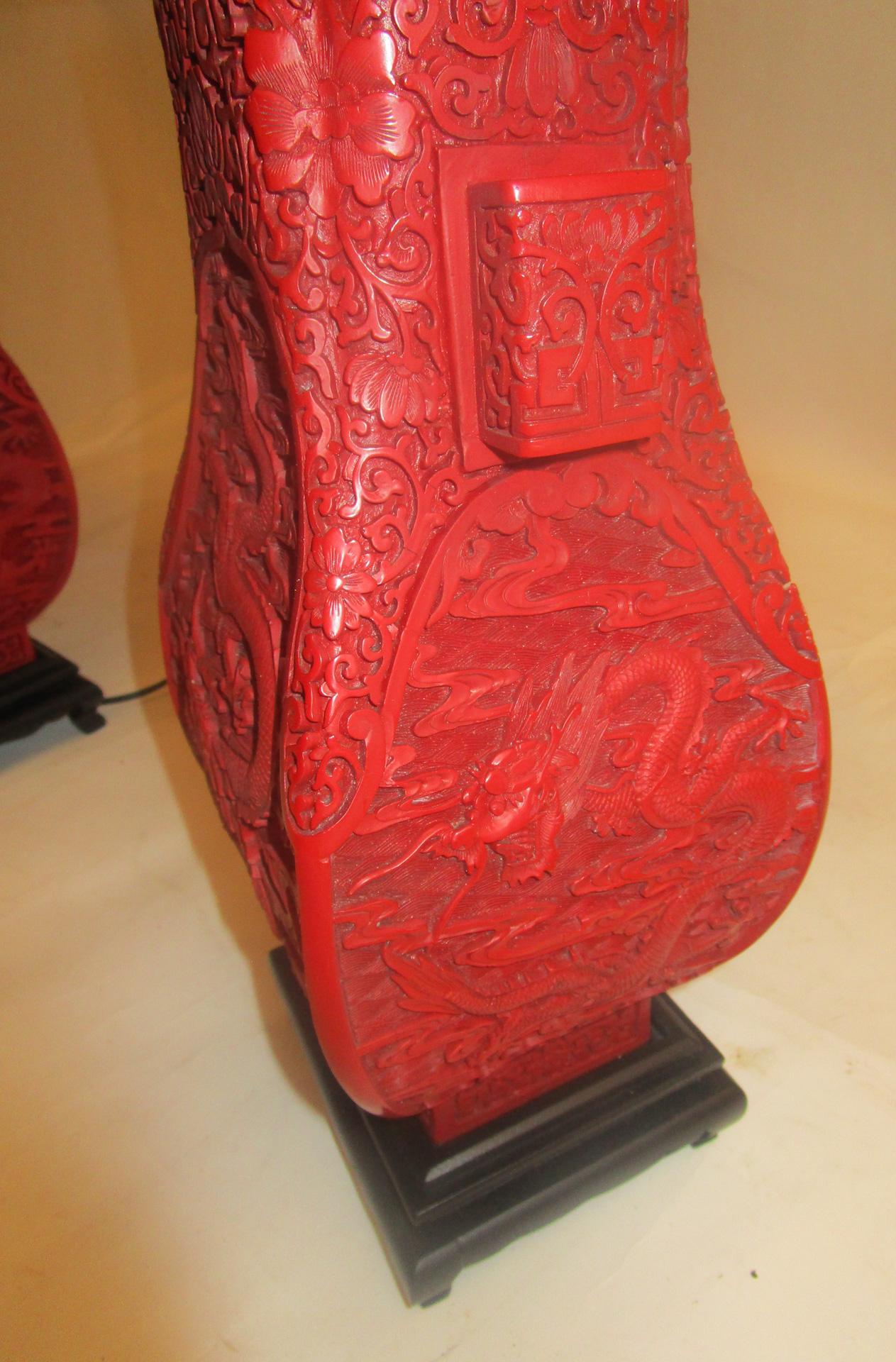 Brass 19th Century Red Cinnabar Lacquer Vase Lamp Pair
