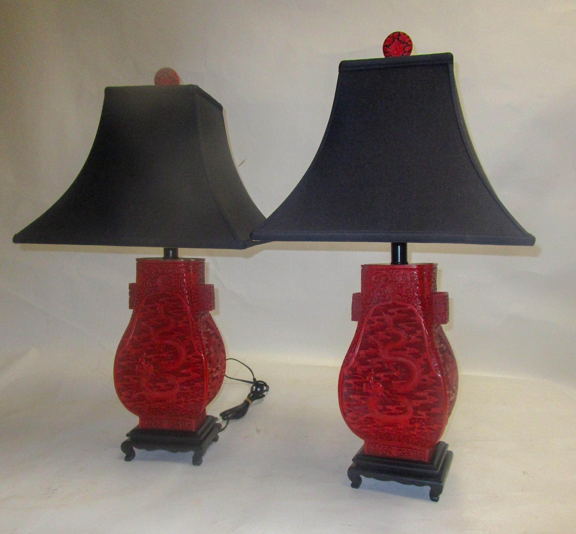 19th Century Red Cinnabar Lacquer Vase Lamp Pair 2