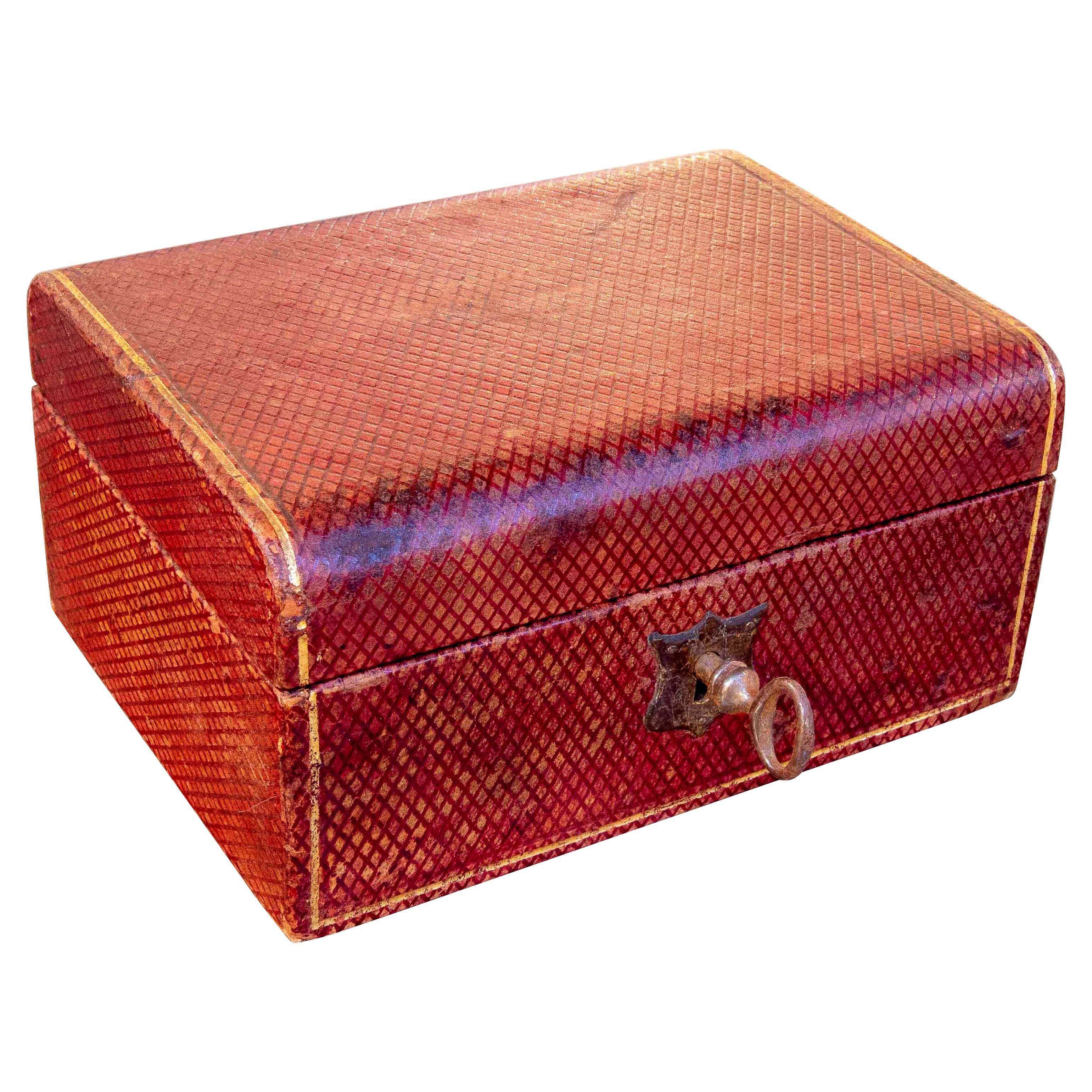 19th Century Red Embossed Leather Chest with Wood & Bronze, Portugal
