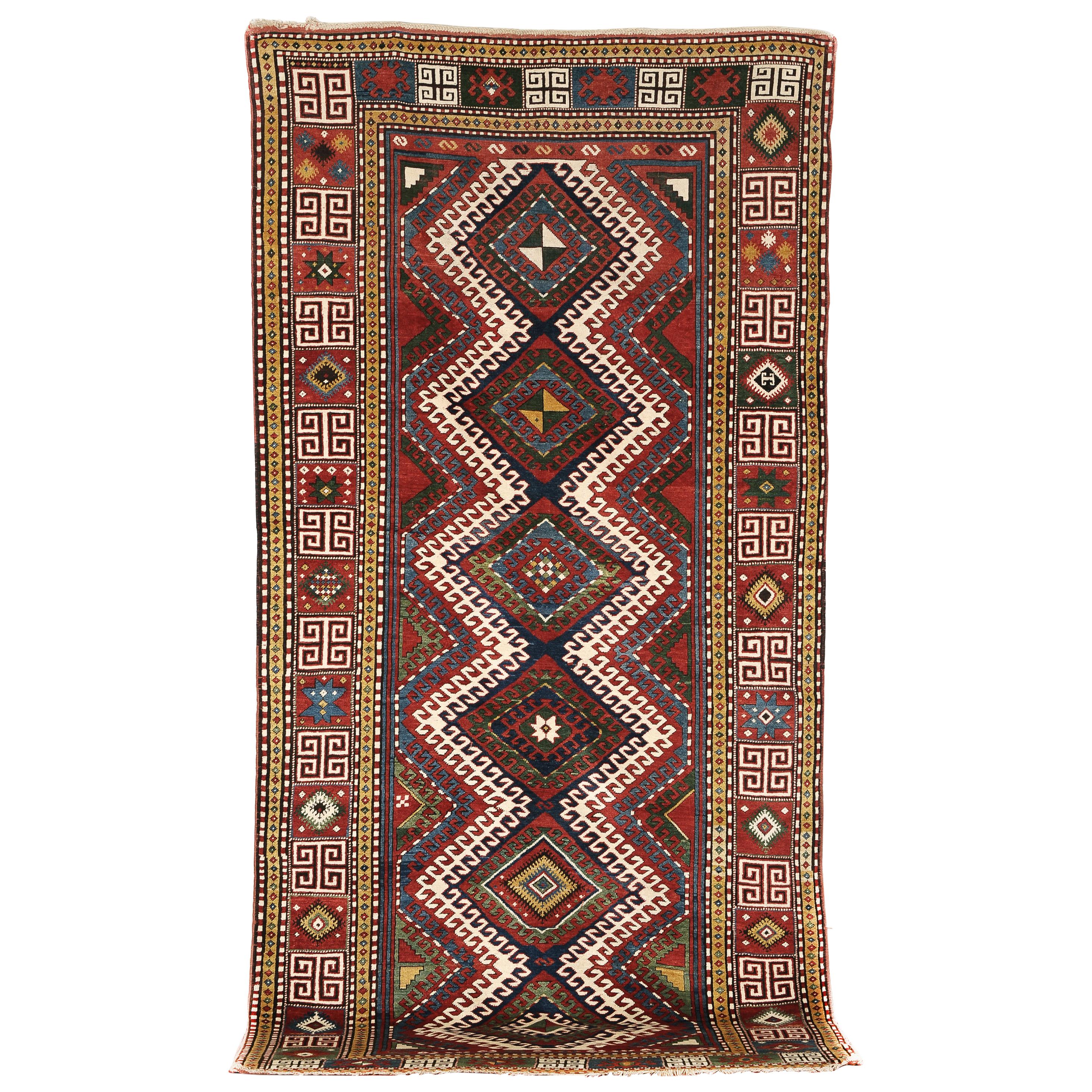 19th Century, Red Field and Ivory, Blue and Green Pattern, Borchalou Kazak Rug For Sale