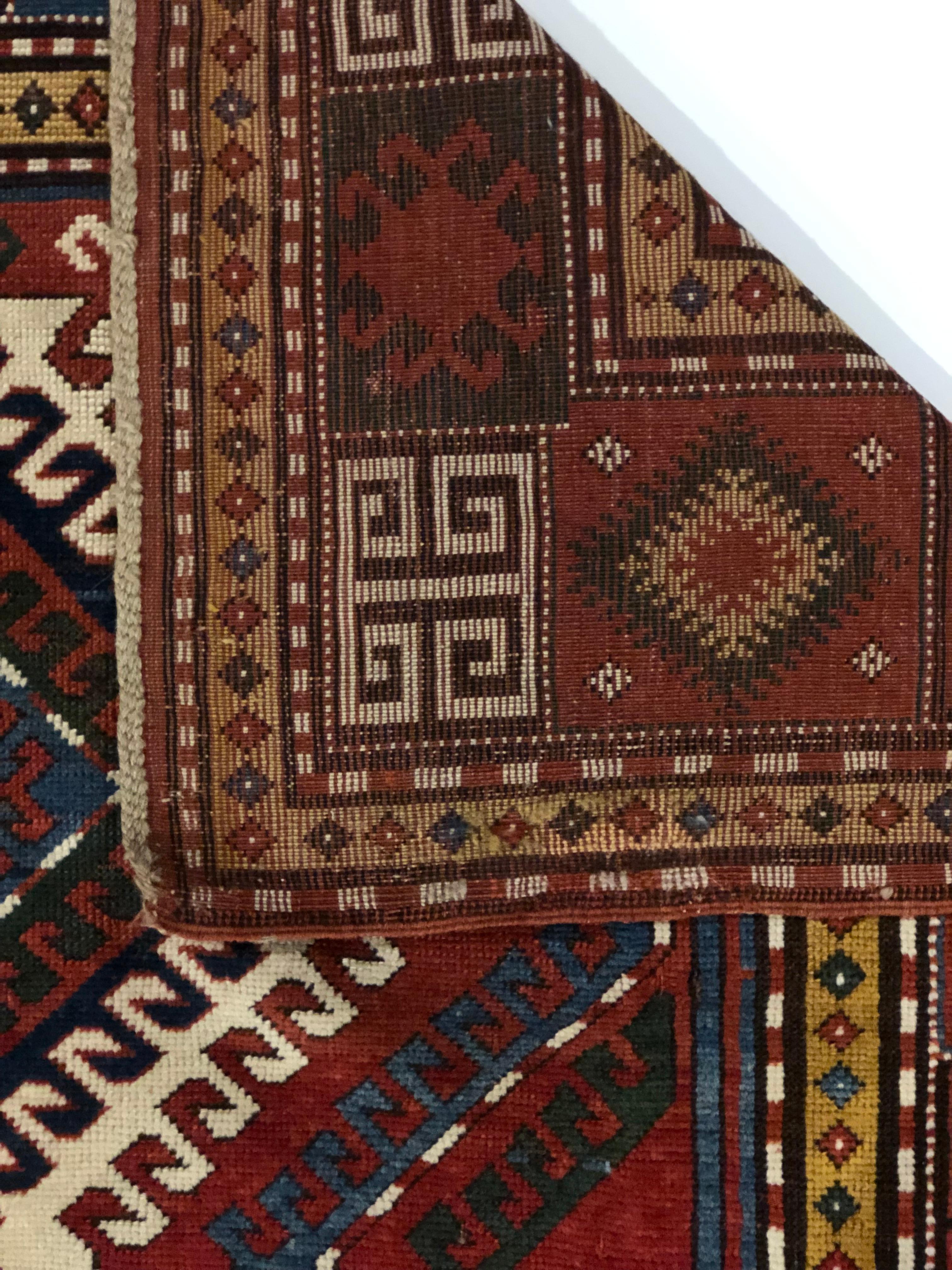 Caucasian 19th Century, Red Field and Ivory, Blue and Green Pattern, Borchalou Kazak Rug For Sale