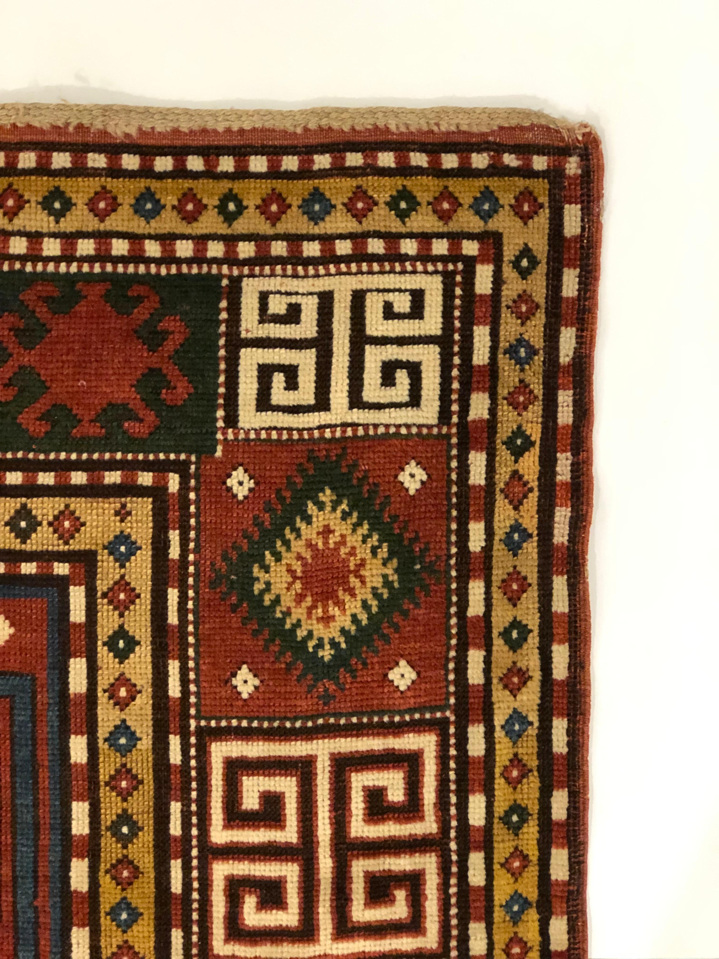 Hand-Knotted 19th Century, Red Field and Ivory, Blue and Green Pattern, Borchalou Kazak Rug For Sale