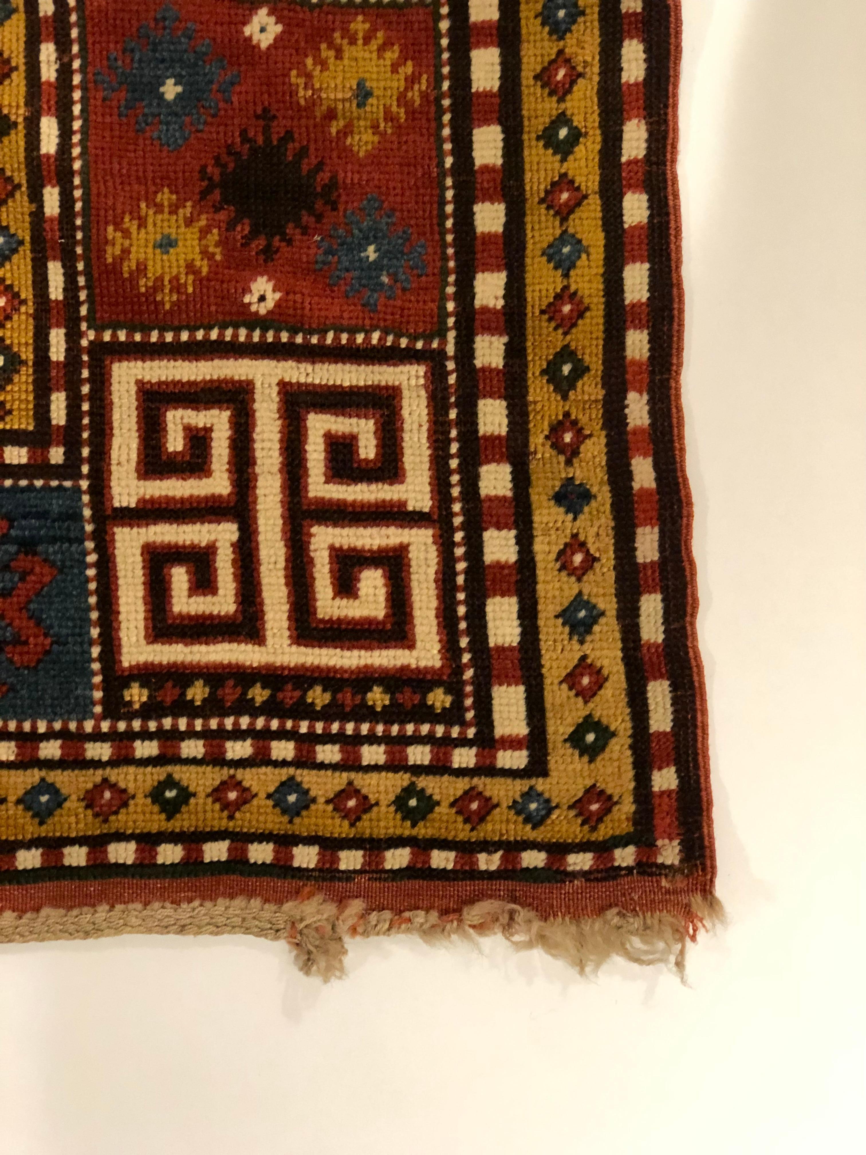 19th Century, Red Field and Ivory, Blue and Green Pattern, Borchalou Kazak Rug In Good Condition For Sale In Los Angeles, CA