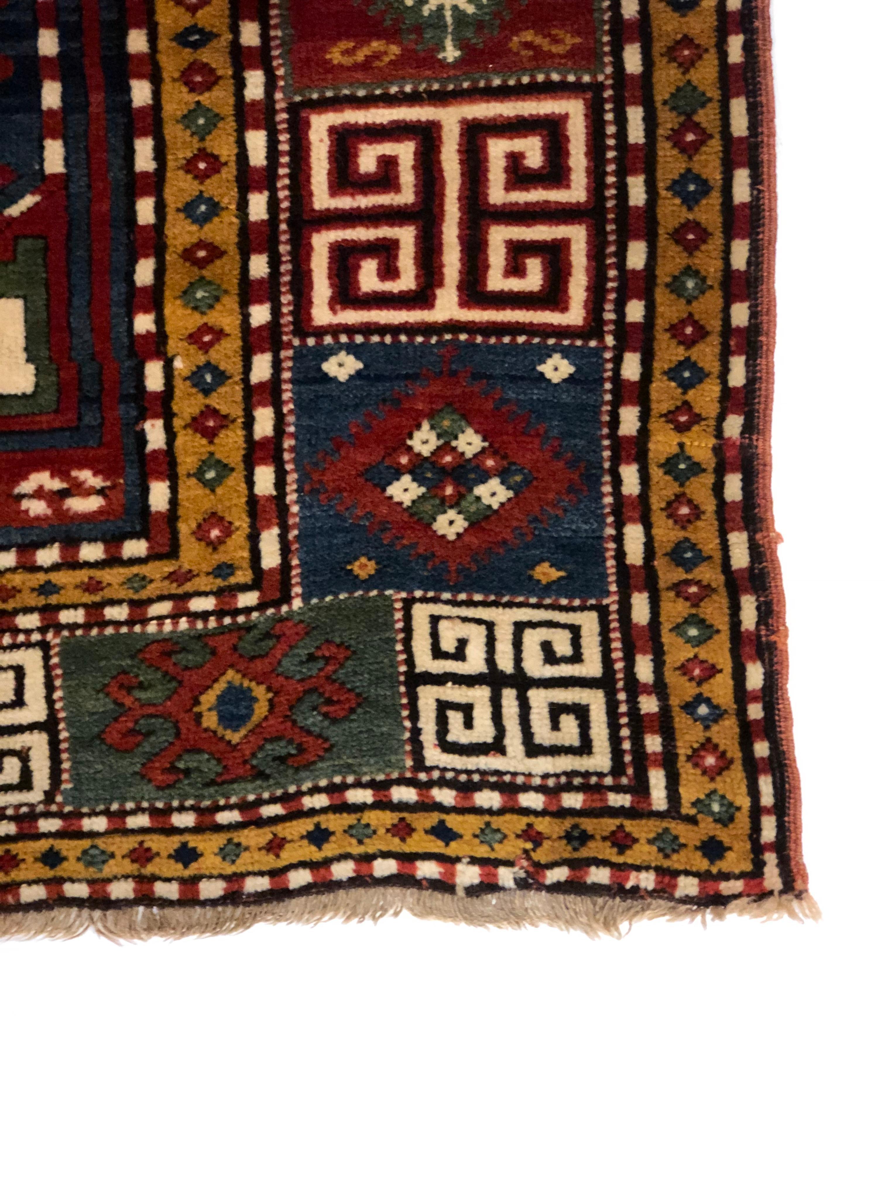 Wool 19th Century, Red Field and Ivory, Blue and Green Pattern, Borchalou Kazak Rug For Sale