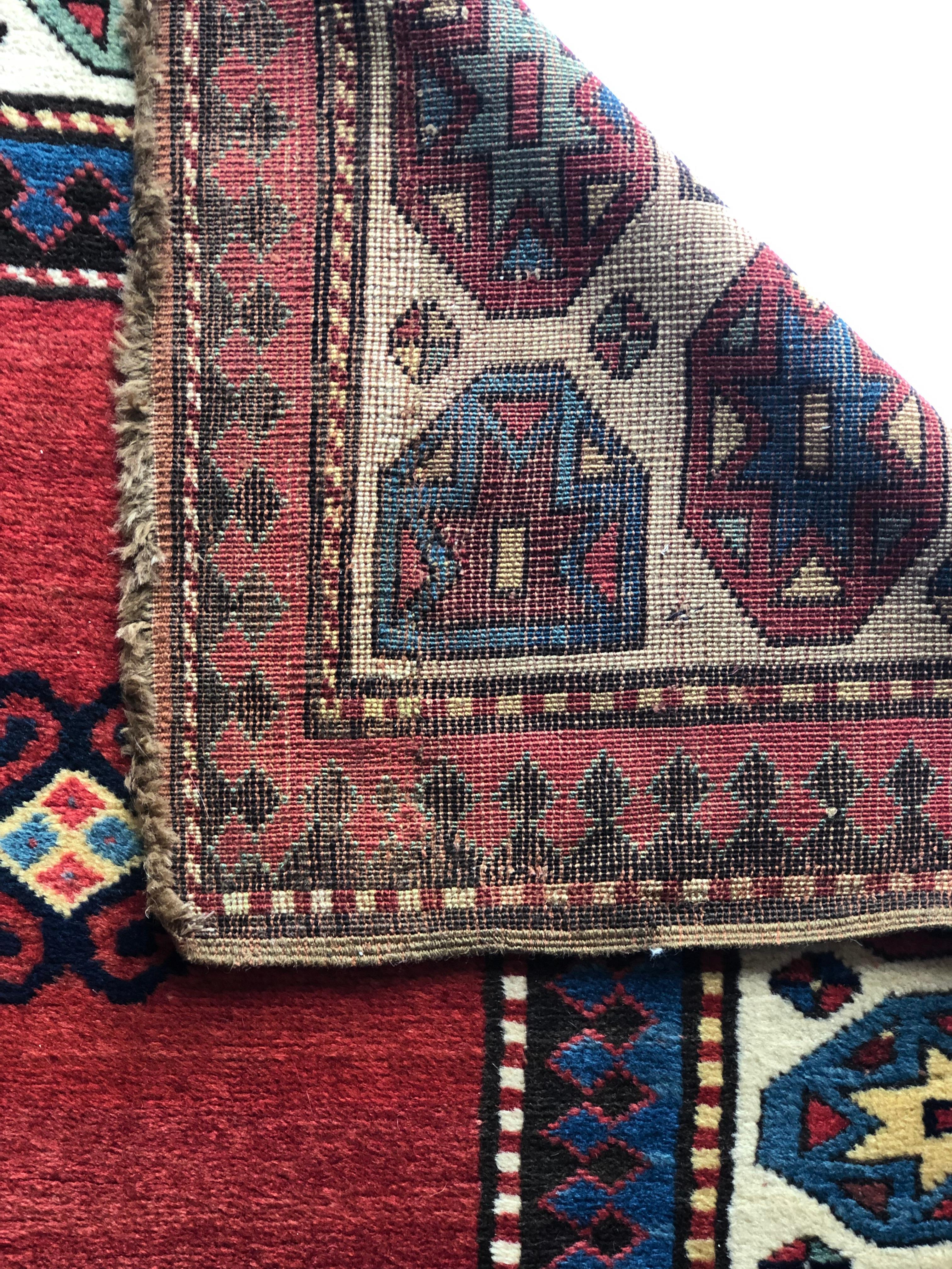 Hand-Woven 19th Century, Red Field & Ivory Border, Wool Caucasian Talish Kazak Rug/Runner For Sale