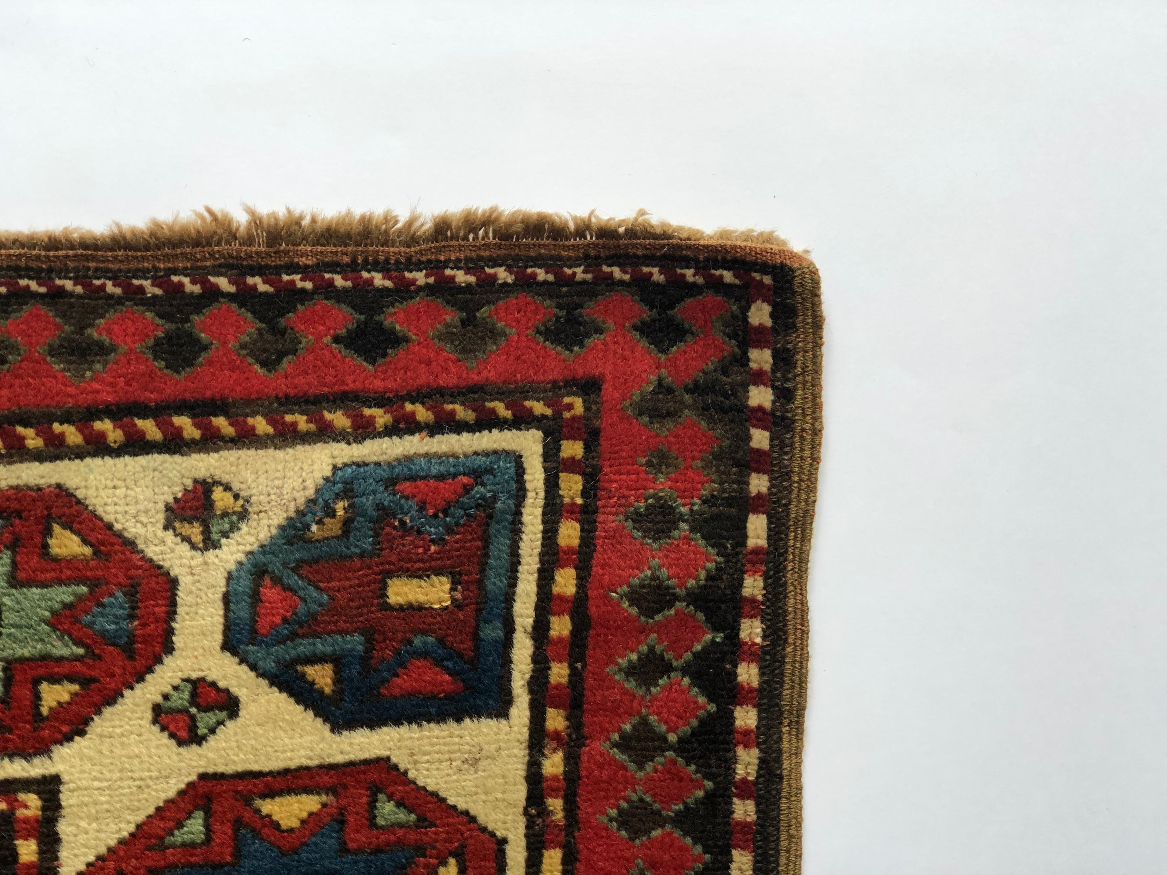 19th Century, Red Field & Ivory Border, Wool Caucasian Talish Kazak Rug/Runner In Good Condition For Sale In Los Angeles, CA