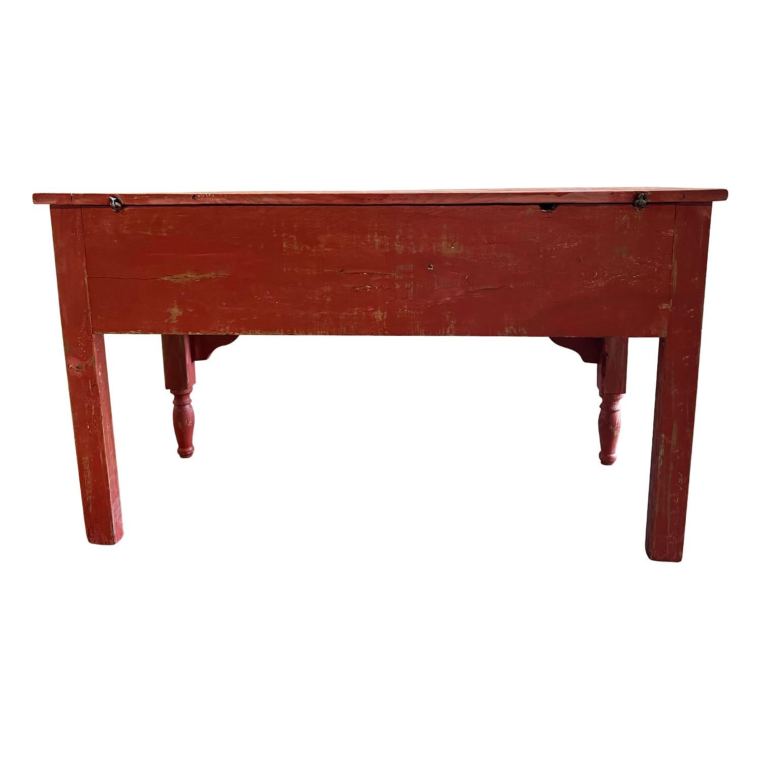 Hand-Painted 19th Century Red French Antique Oakwood Console Table, Provencal Kitchen Table For Sale