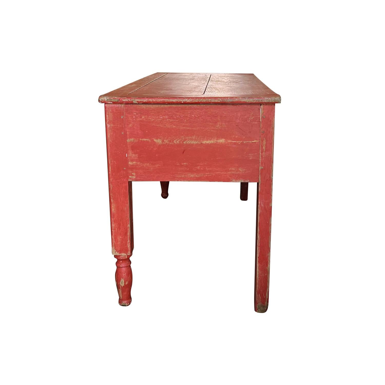 19th Century Red French Antique Oakwood Console Table, Provencal Kitchen Table In Good Condition For Sale In West Palm Beach, FL