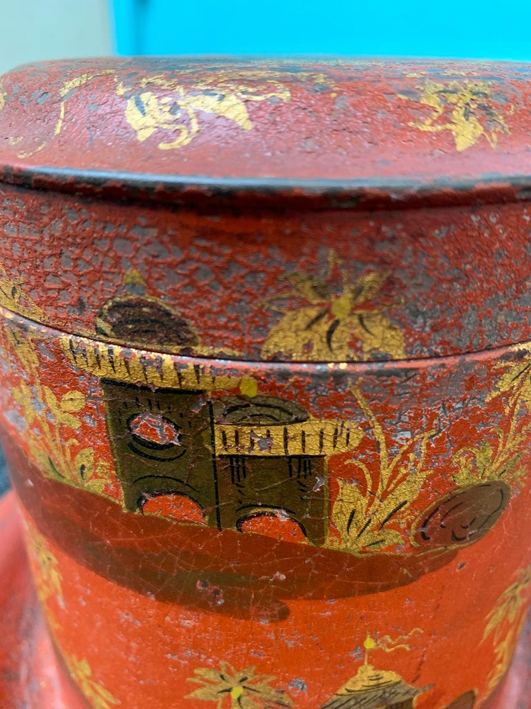 19th Century Red and Gilt Chinoiserie Tole Round Box with Hinged Lid