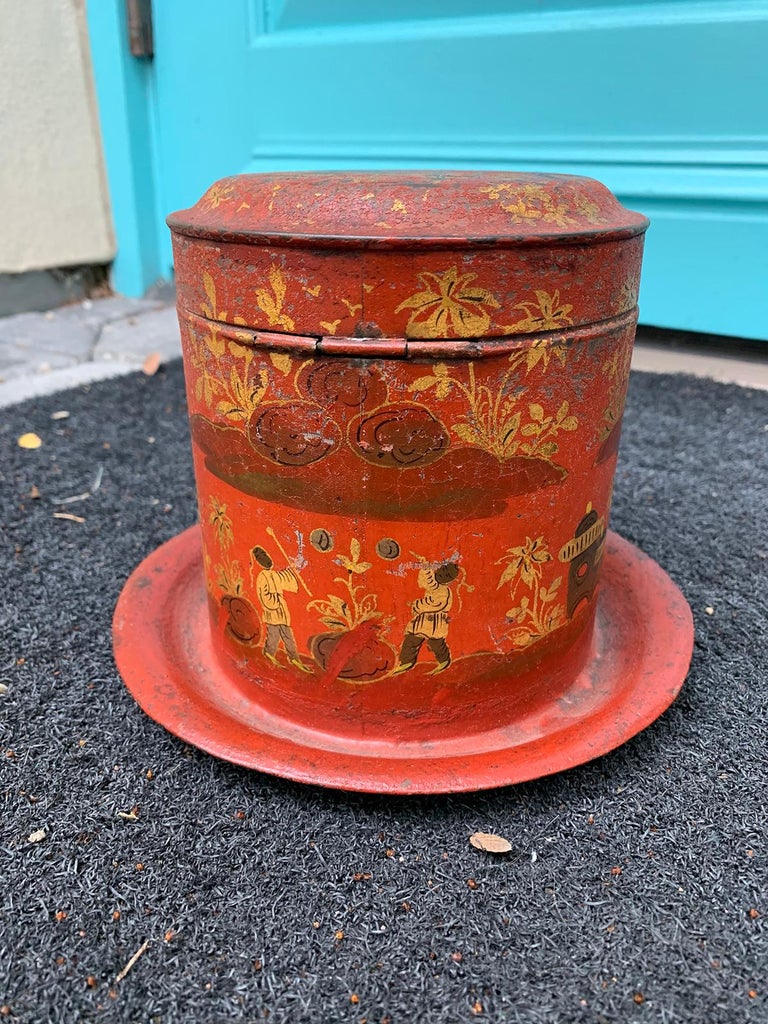 19th Century Red and Gilt Chinoiserie Tole Round Box with Hinged Lid at