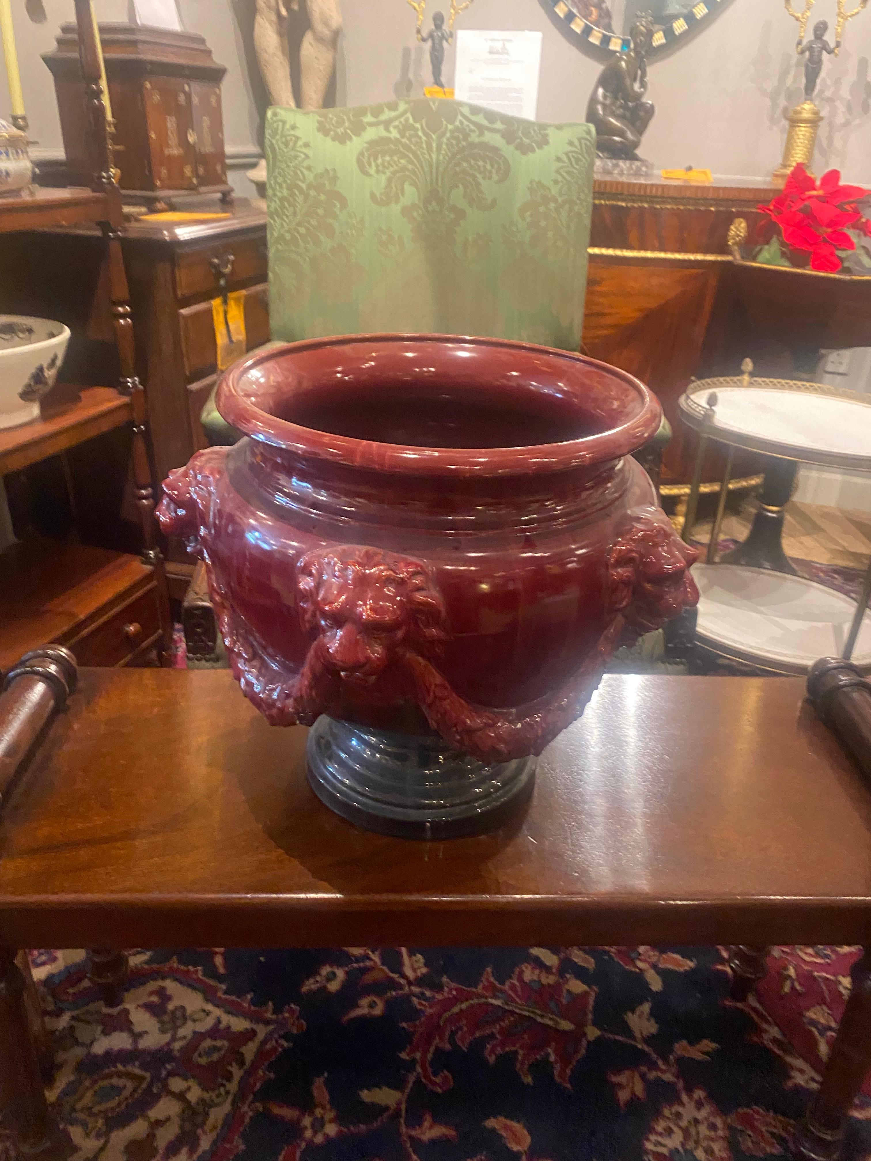 Neoclassical 19th Century Red Glazed Jardiniere With Lion Head Masks For Sale