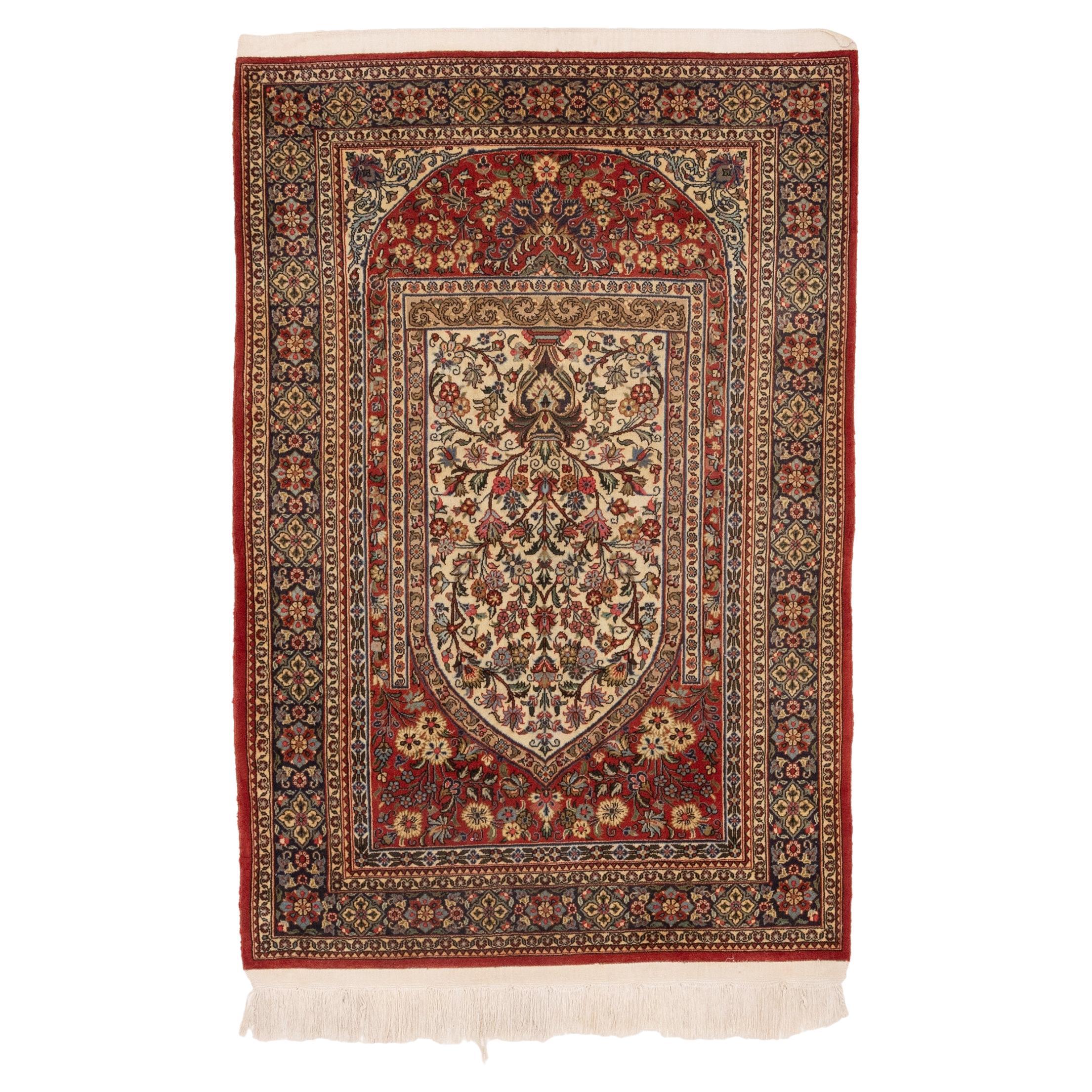 19th Century Red Ivory Blue Floral Kashan Small Area Rug For Sale