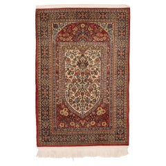 19th Century Red Ivory Blue Floral Kashan Small Area Rug
