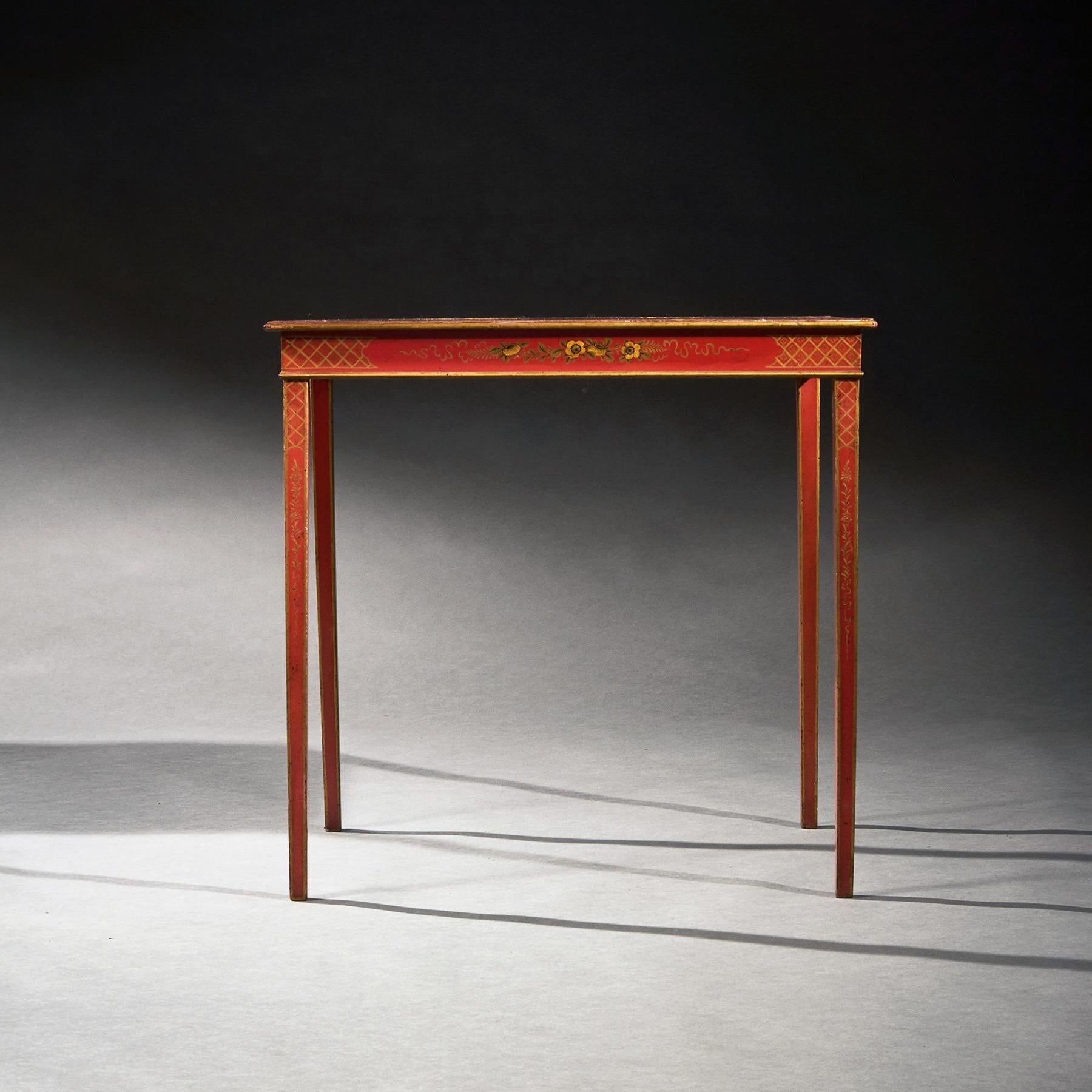 He moulded oblong top lacquered on a red ground decorated in the chinoiserie manner with Chinese figures at a lakeside above a shallow frieze painted with prunus and diaper on slender square tapering legs.



Chinoiserie has influenced European