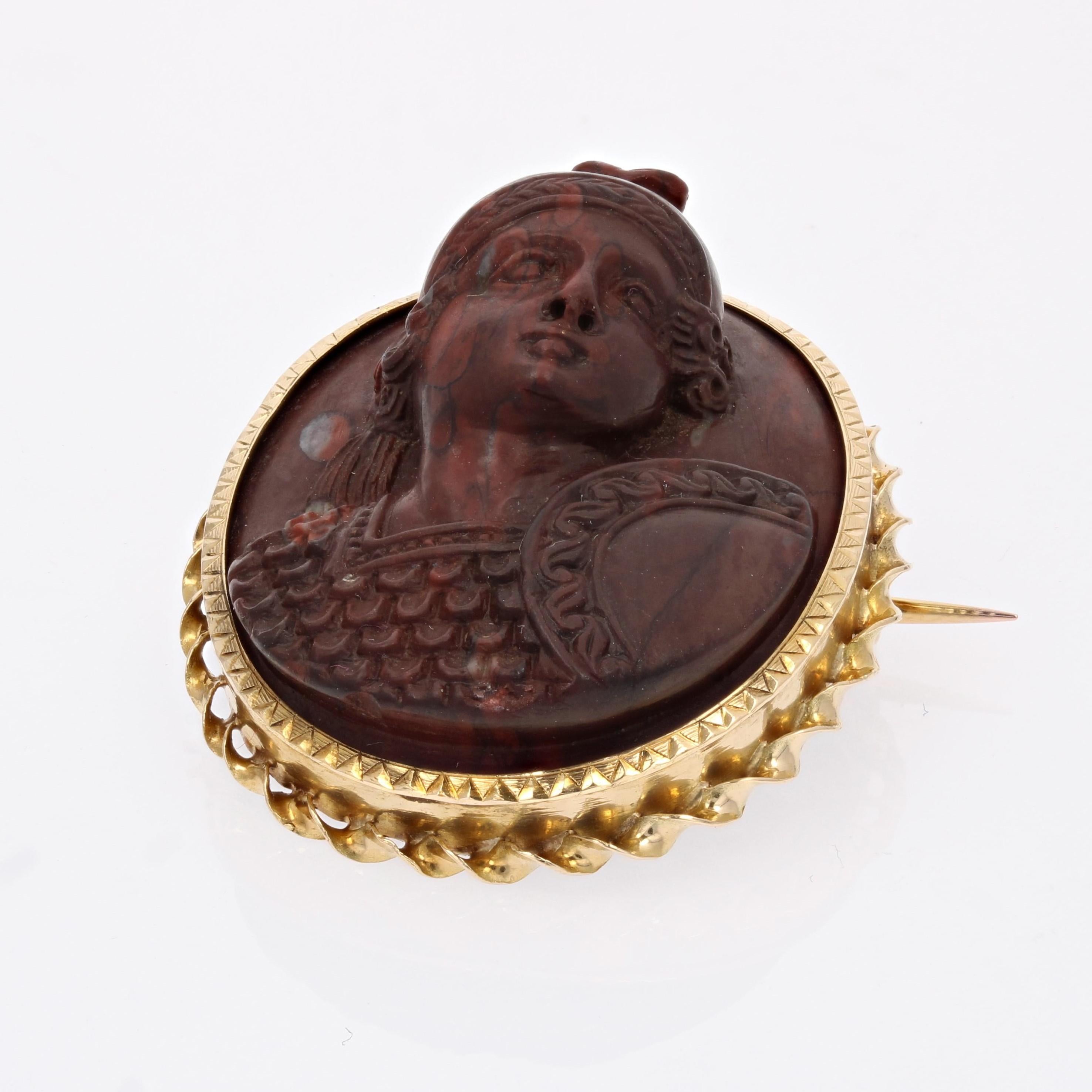 Cabochon 19th Century Red Jasper Cameo 18 Karat Yellow Gold Brooch For Sale