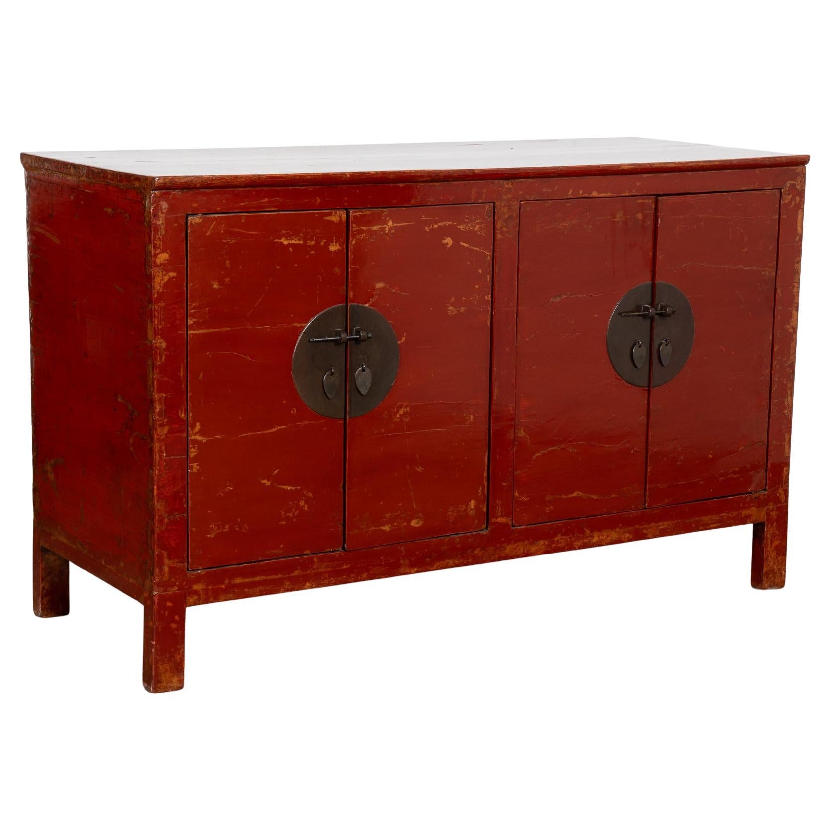 19th Century Red Lacquer Chinese Console Cabinet Sideboard