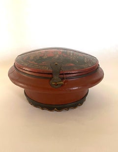 19th Century Red Lacquer Hand Painted Circular Wooden Chinese Food Pot