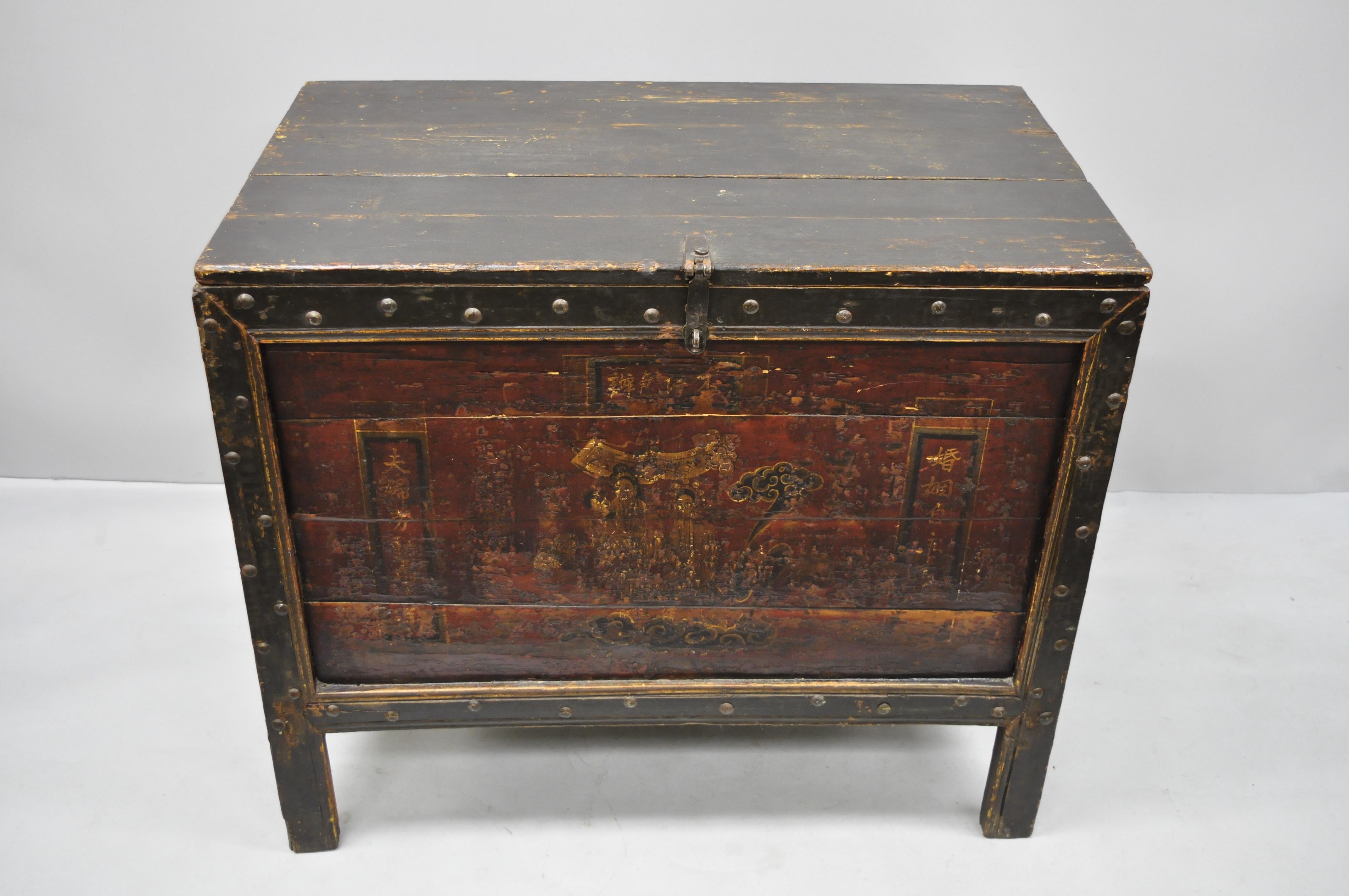 19th Century Red Lacquer Tibetan Mongolian Painted Asian Blanket Chest Grain Bin For Sale 3