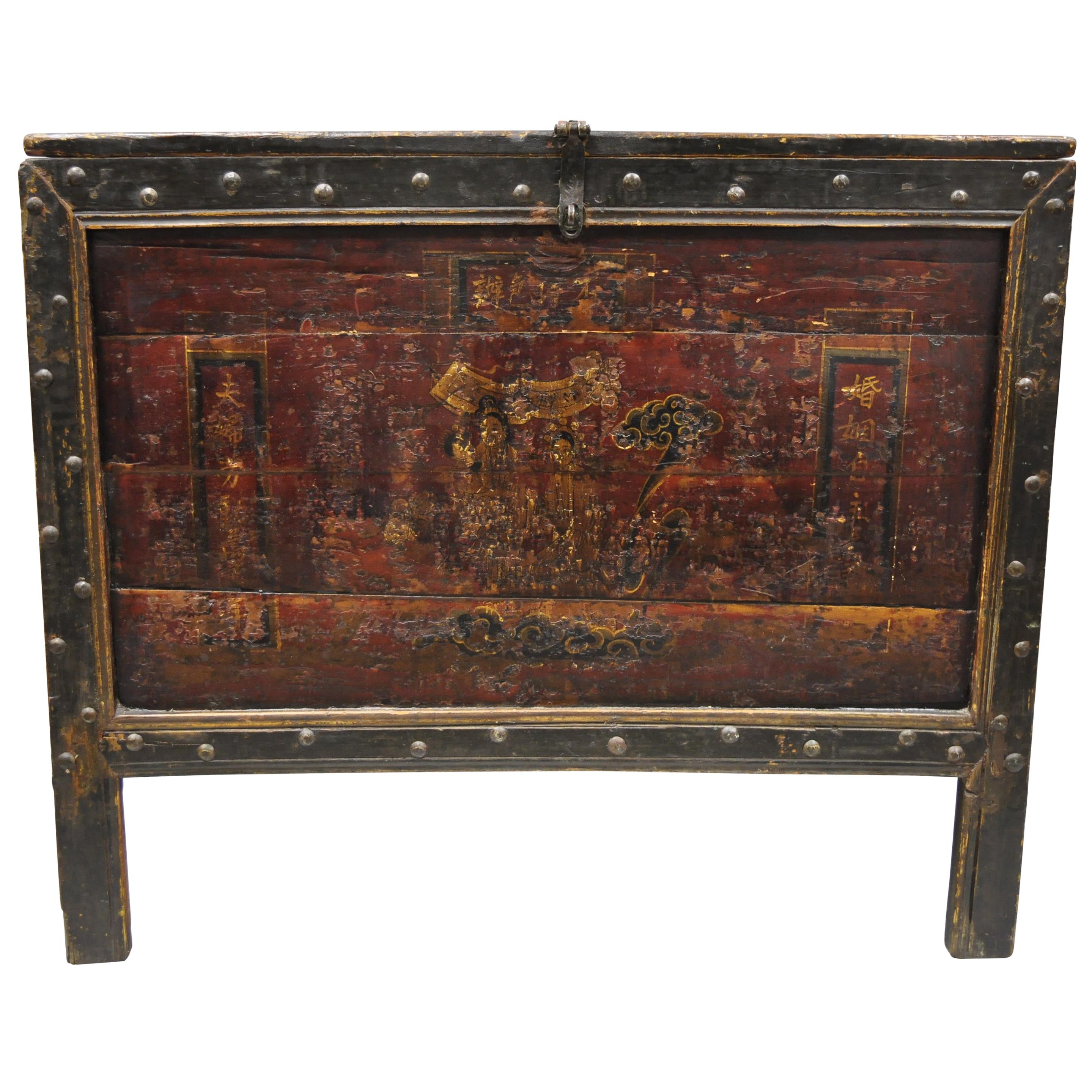 19th Century Red Lacquer Tibetan Mongolian Painted Asian Blanket Chest Grain Bin For Sale