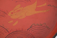 19th Century Red Lacquer Tray with Rabbit Running Over Waves Under Full Moon
