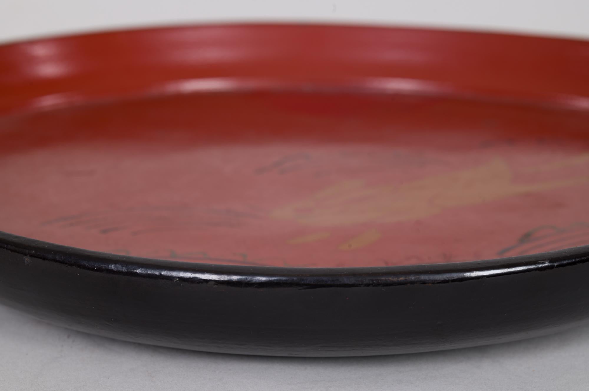 Japanese 19th Century Red Lacquer Tray with Rabbit Running Over Waves Under Full Moon For Sale