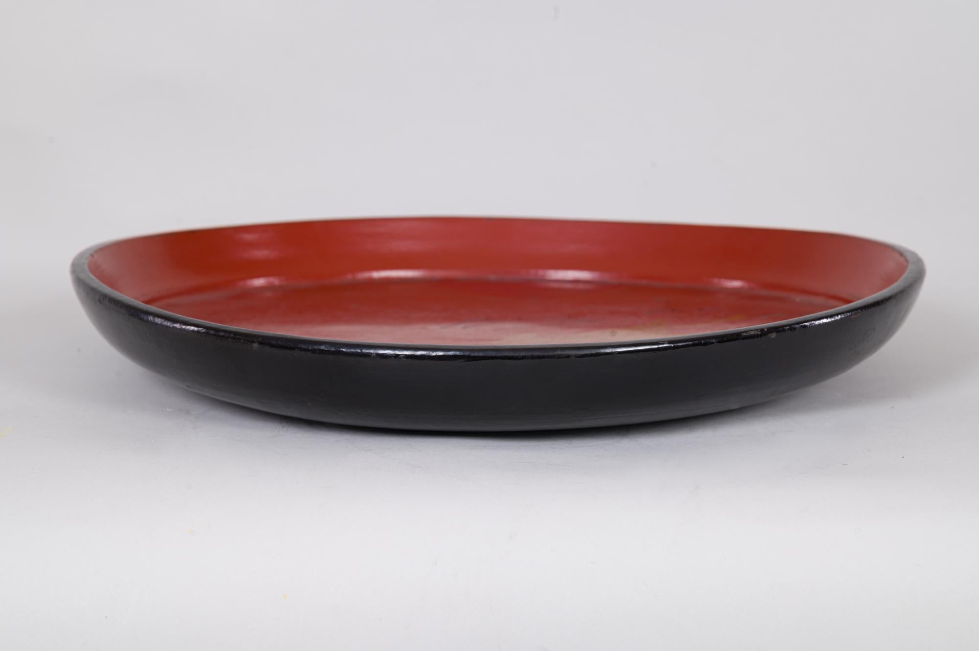 Hand-Painted 19th Century Red Lacquer Tray with Rabbit Running Over Waves Under Full Moon For Sale