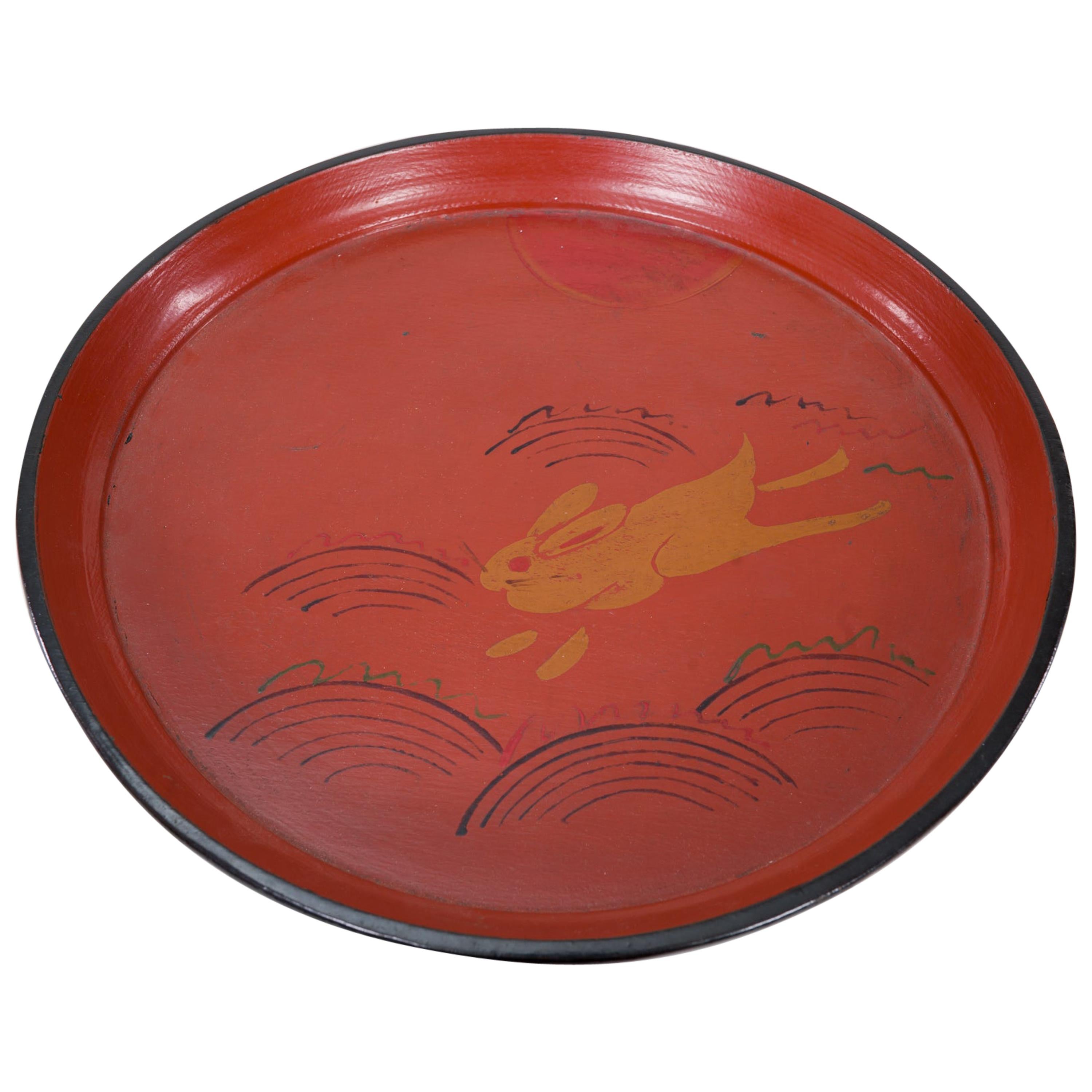 19th Century Red Lacquer Tray with Rabbit Running Over Waves Under Full Moon For Sale