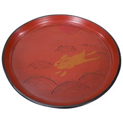 Antique 19th Century Red Lacquer Tray with Rabbit Running Over Waves Under Full Moon