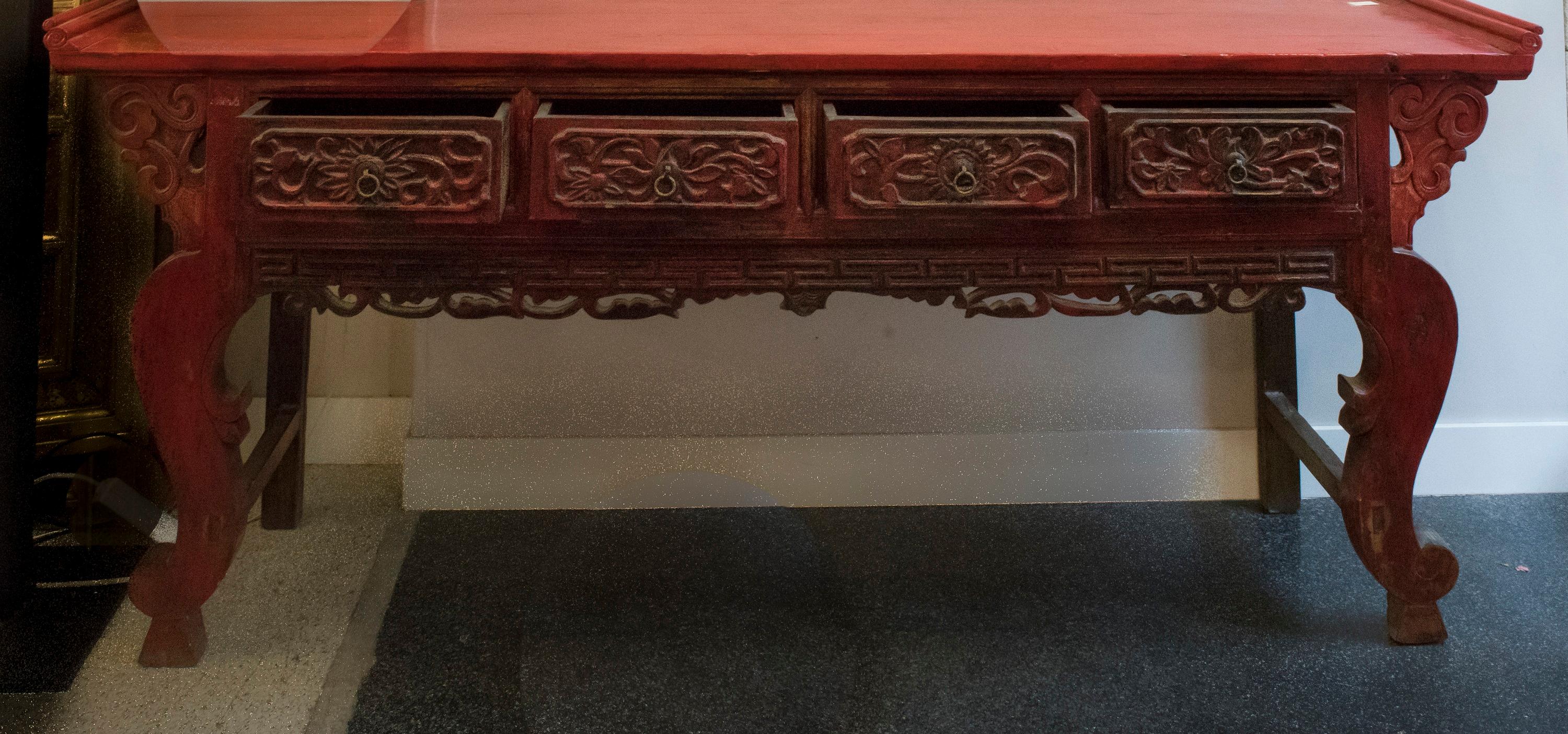 19th Century Red Lacquered and Carved Chinese Console 4