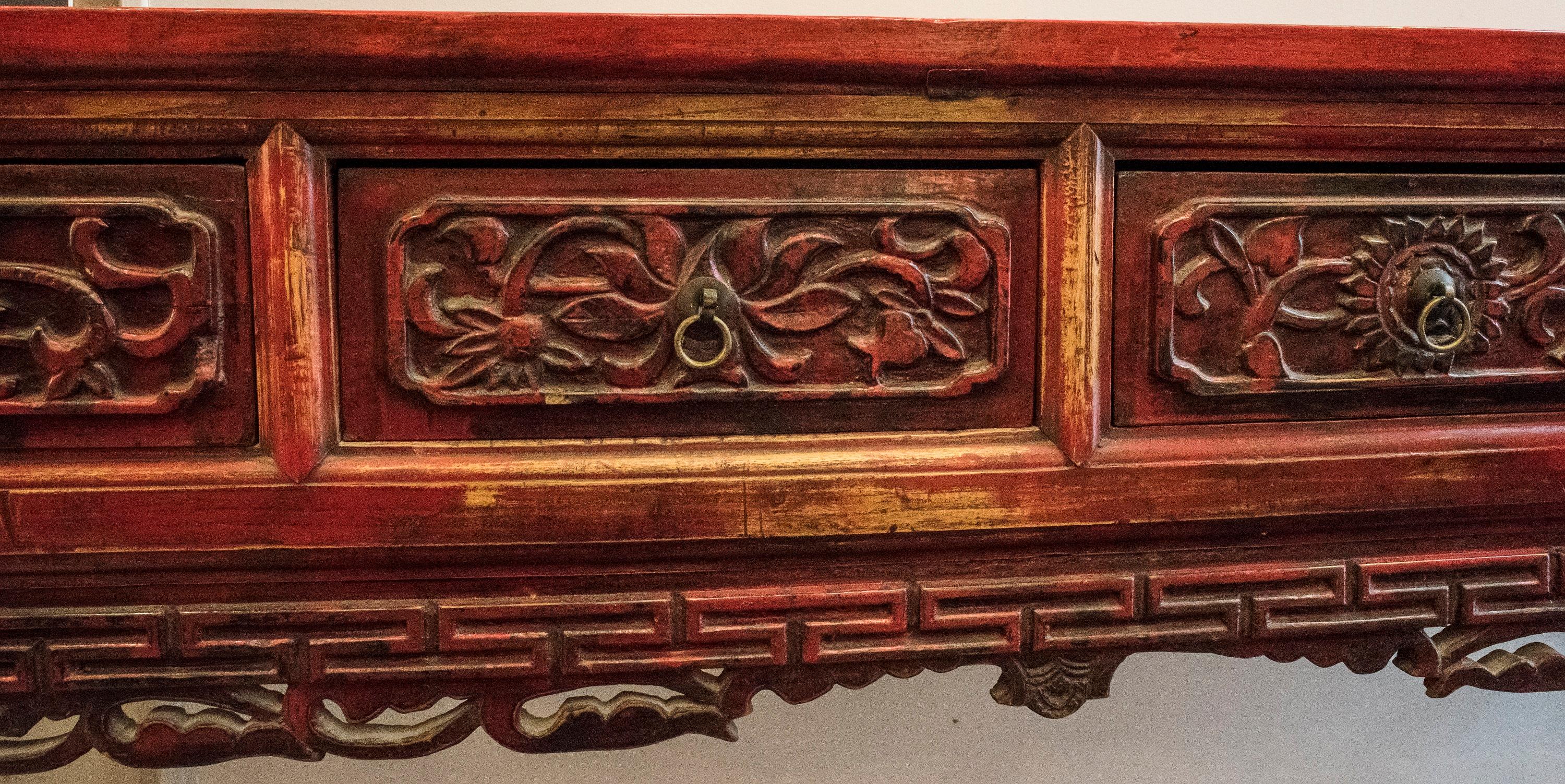 19th Century Red Lacquered and Carved Chinese Console 7