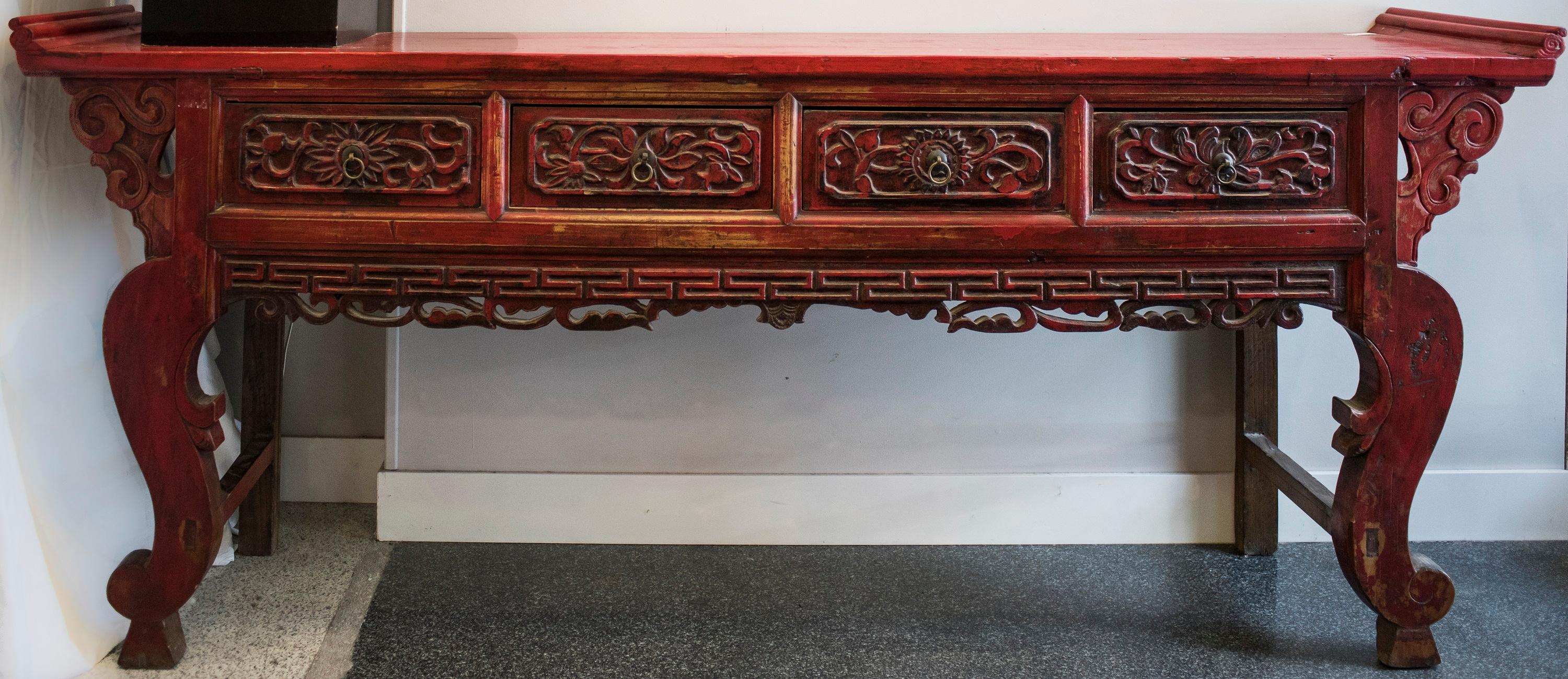 Chinese Export 19th Century Red Lacquered and Carved Chinese Console