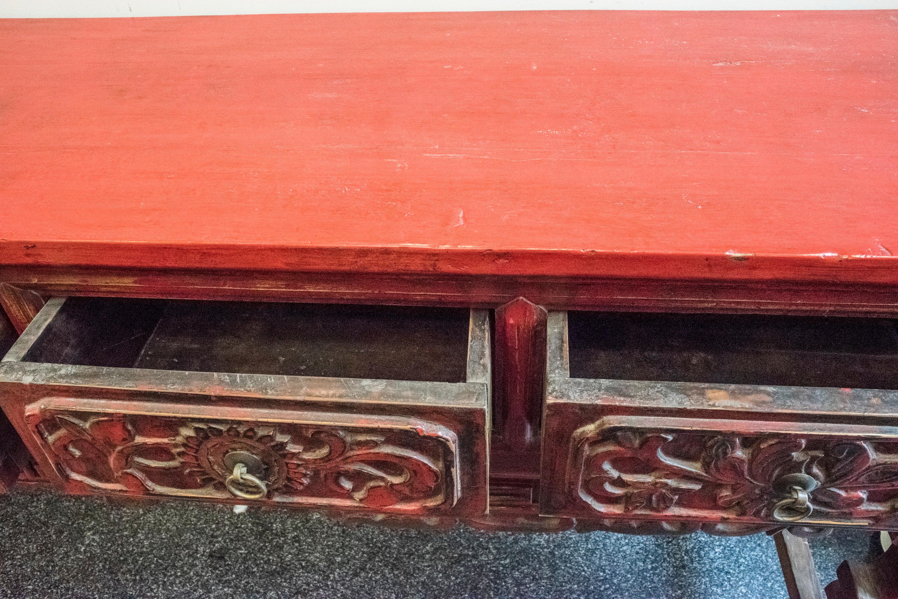Wood 19th Century Red Lacquered and Carved Chinese Console