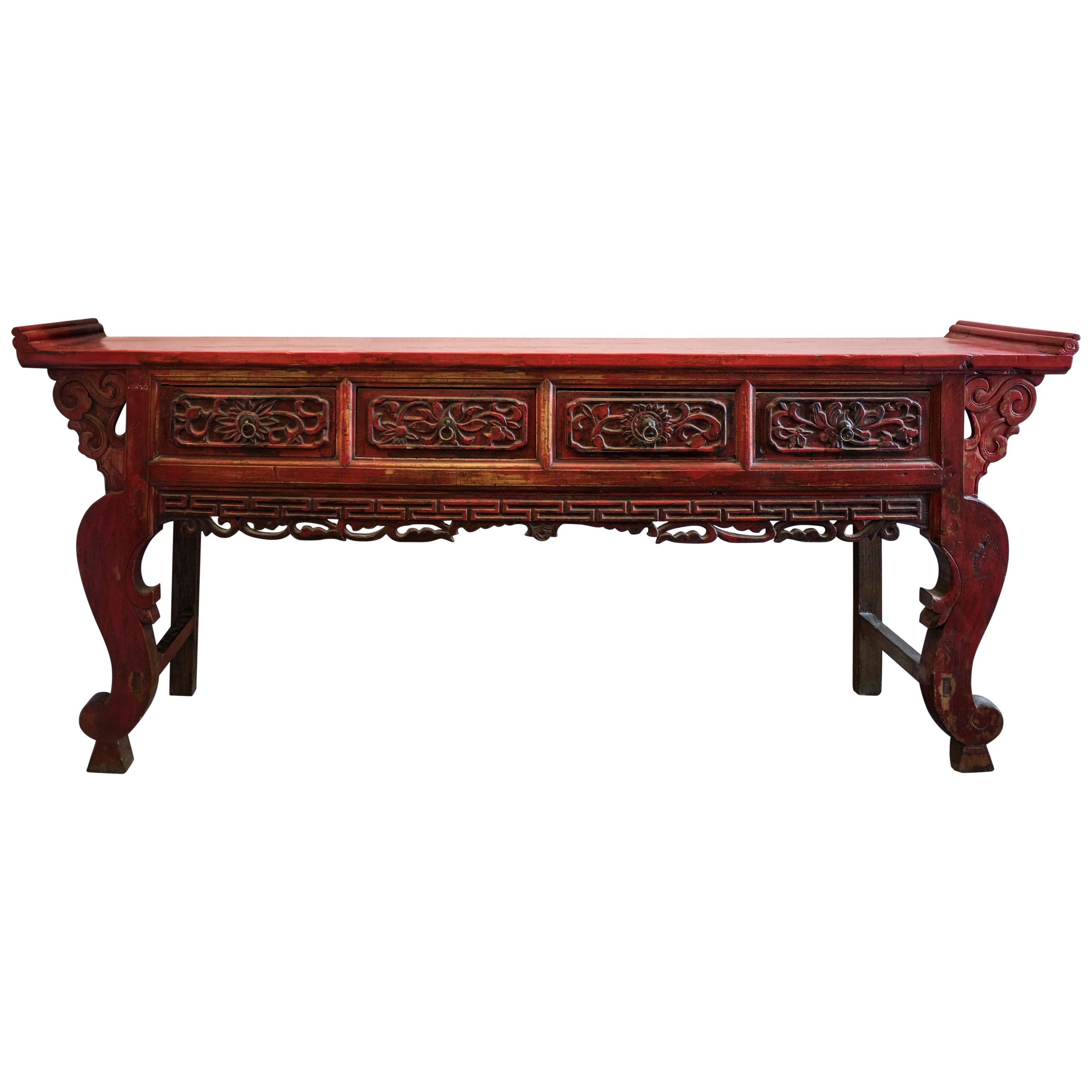 19th Century Red Lacquered and Carved Chinese Console