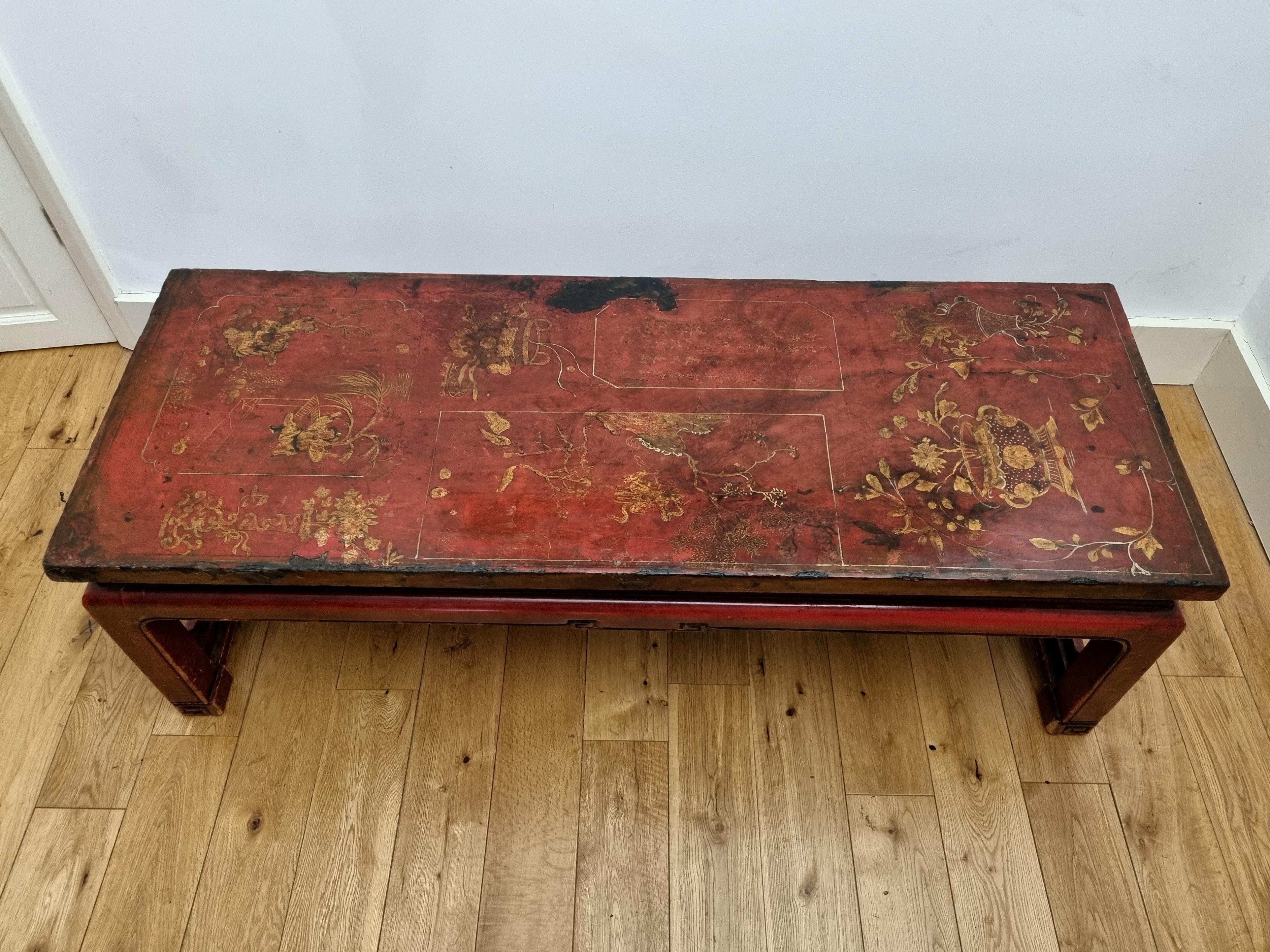 Elm 19th Century Red Lacquered Chinese Low Coffee Table from Shanxi Province