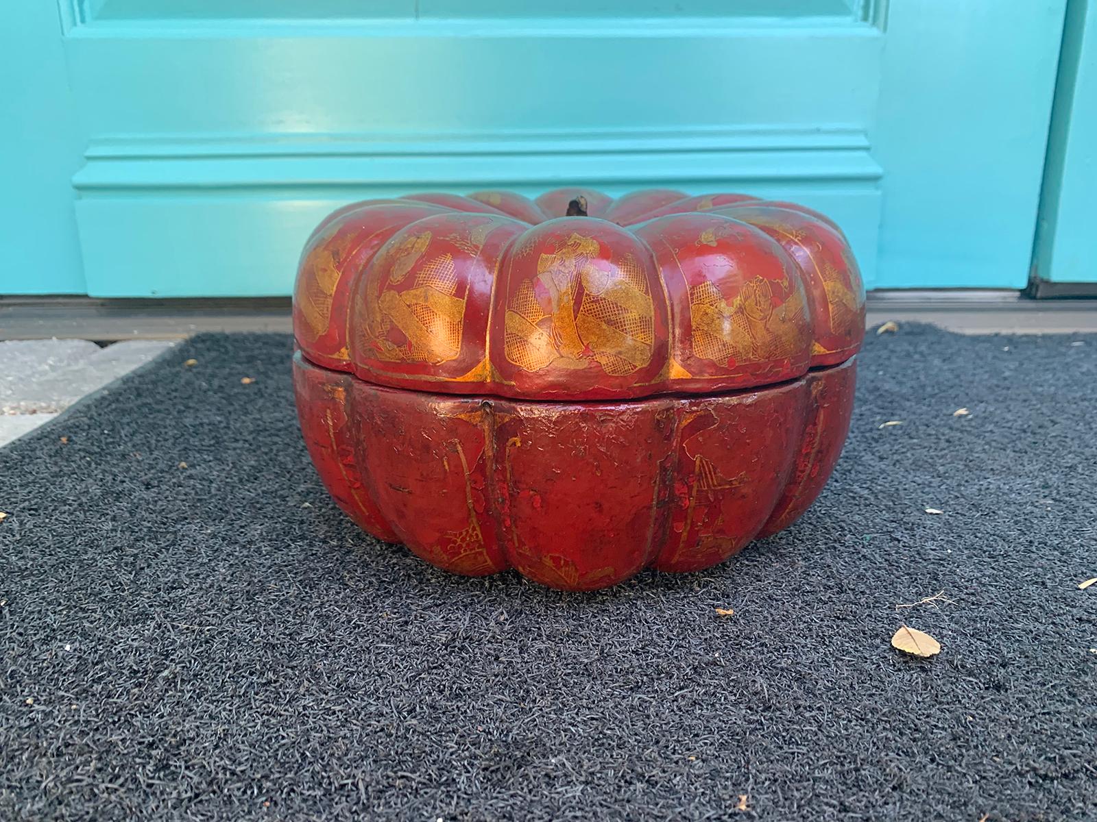 19th century red lacquered melon / pumpkin shaped red chinoiserie box.