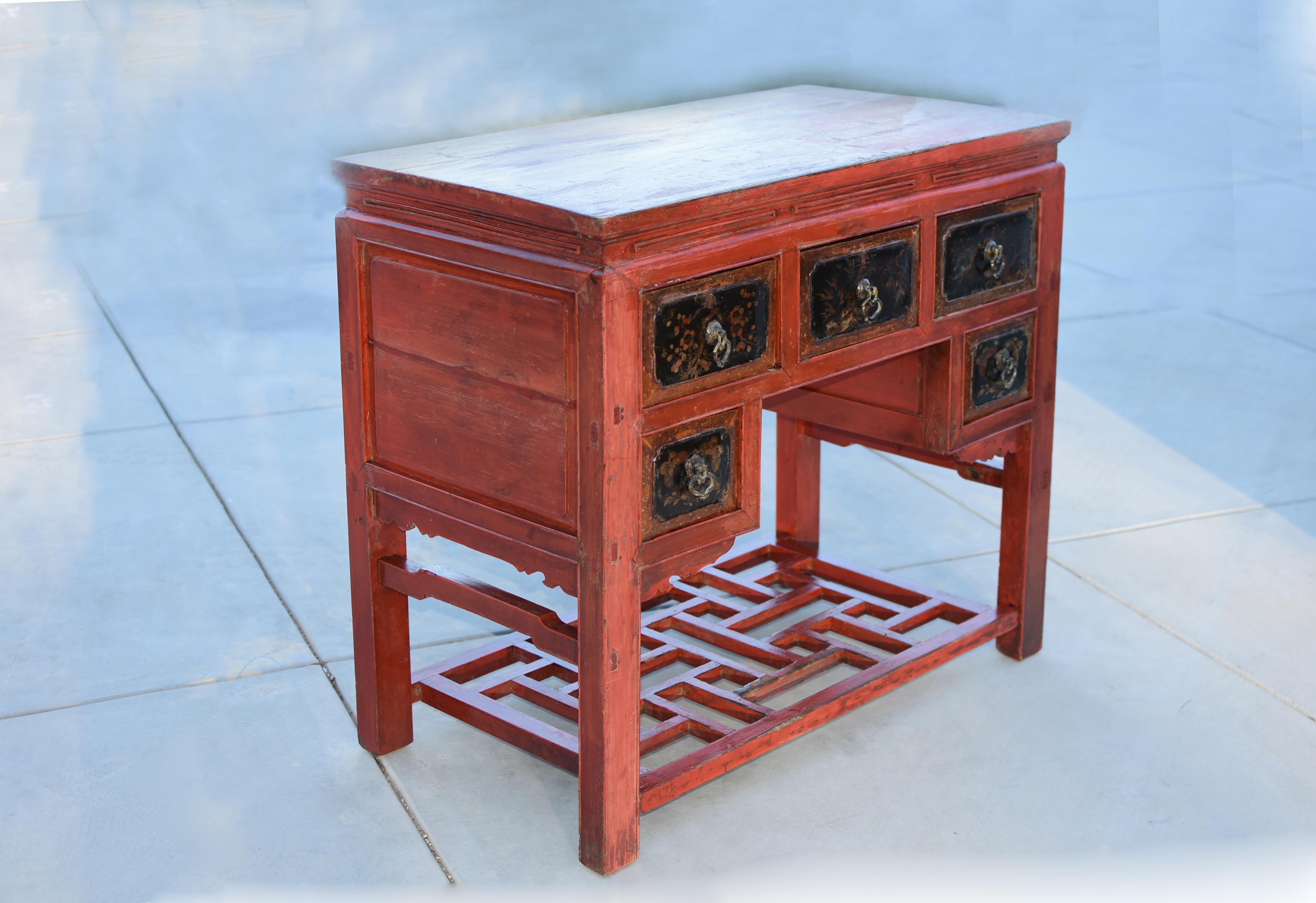 Qing 19th Century Red Lacquered Painted Table with Screen Base For Sale