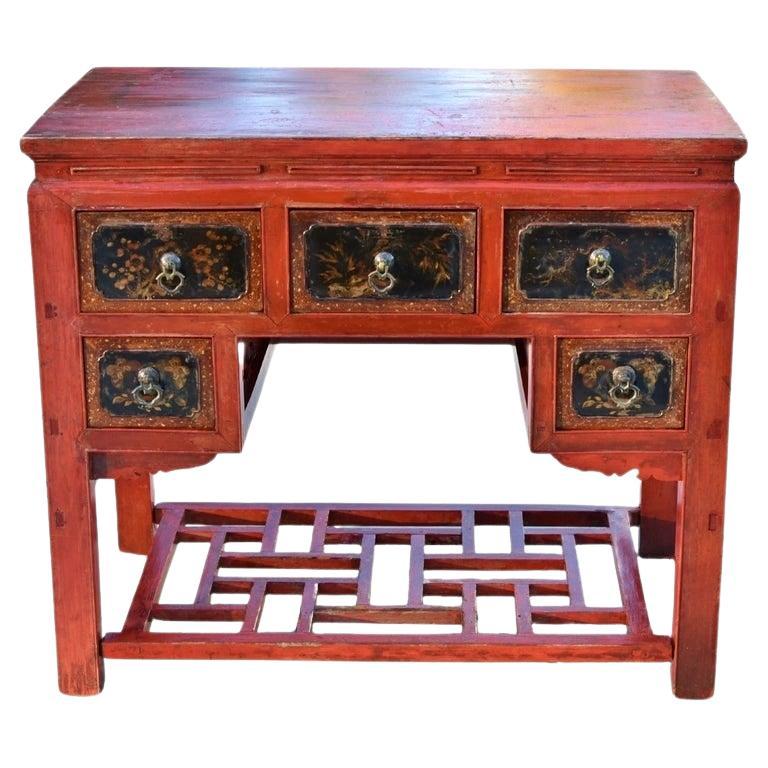 19th Century Red Lacquered Painted Table with Screen Base For Sale
