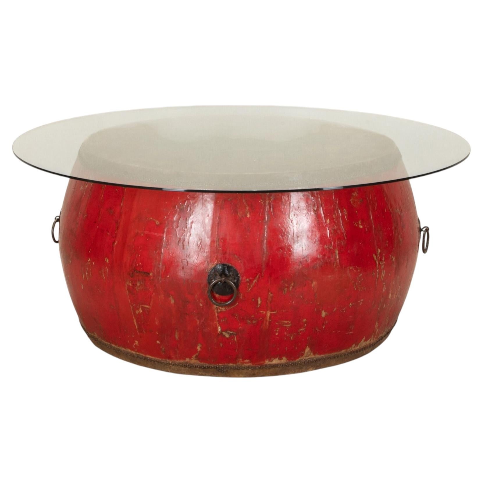 19th Century Red Lacquered Temple Drum Centre Table For Sale