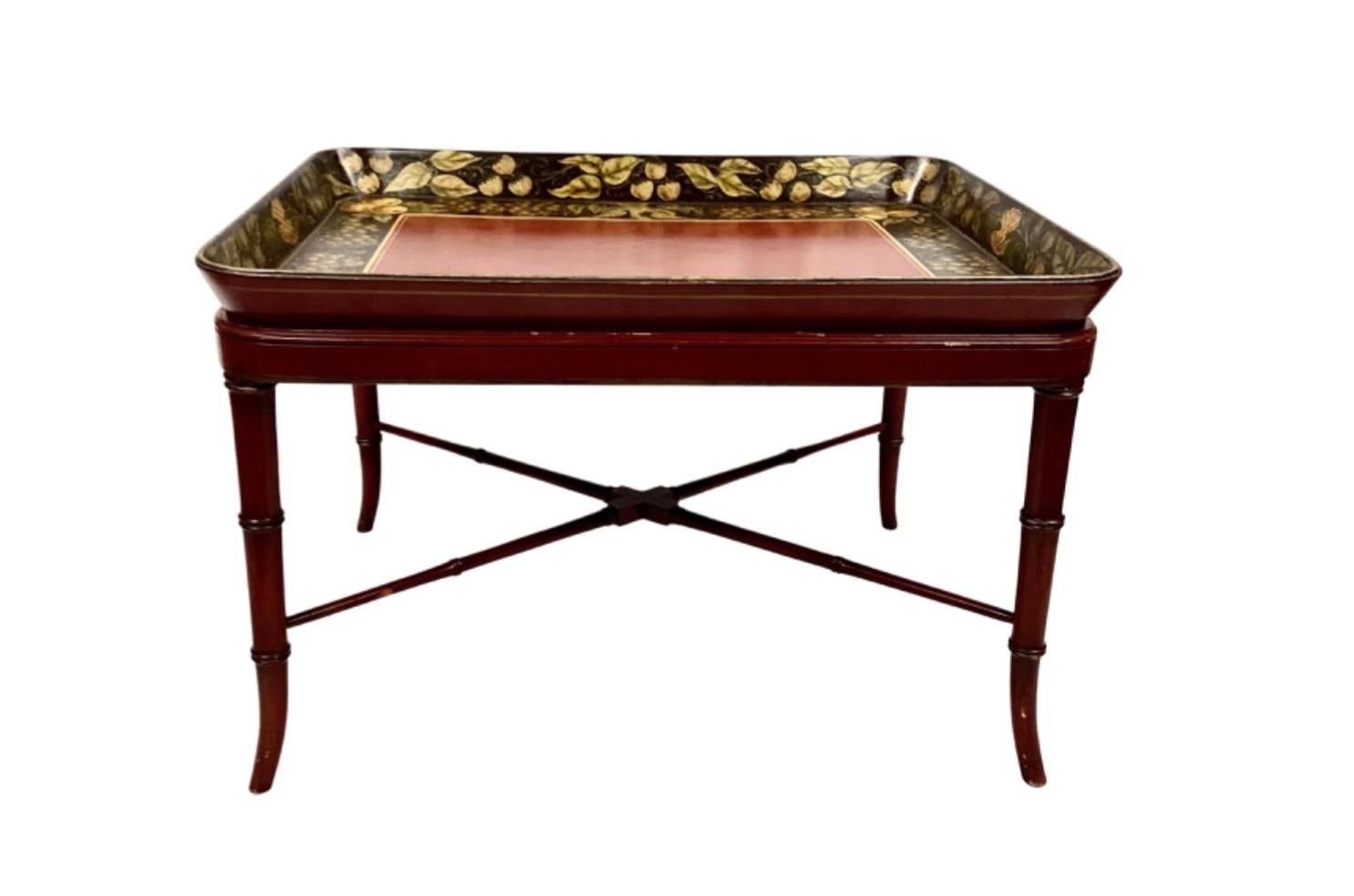 Regency 19th Century Red Lacquered Tray Table on Faux Bamboo Stand