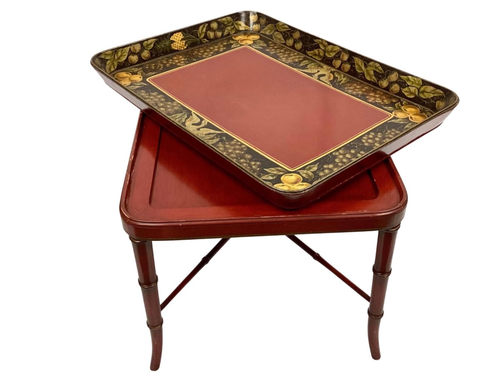 Wood 19th Century Red Lacquered Tray Table on Faux Bamboo Stand