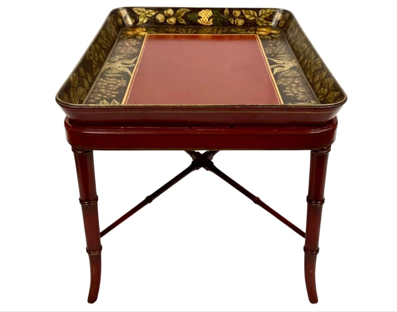 19th Century Red Lacquered Tray Table on Faux Bamboo Stand 1