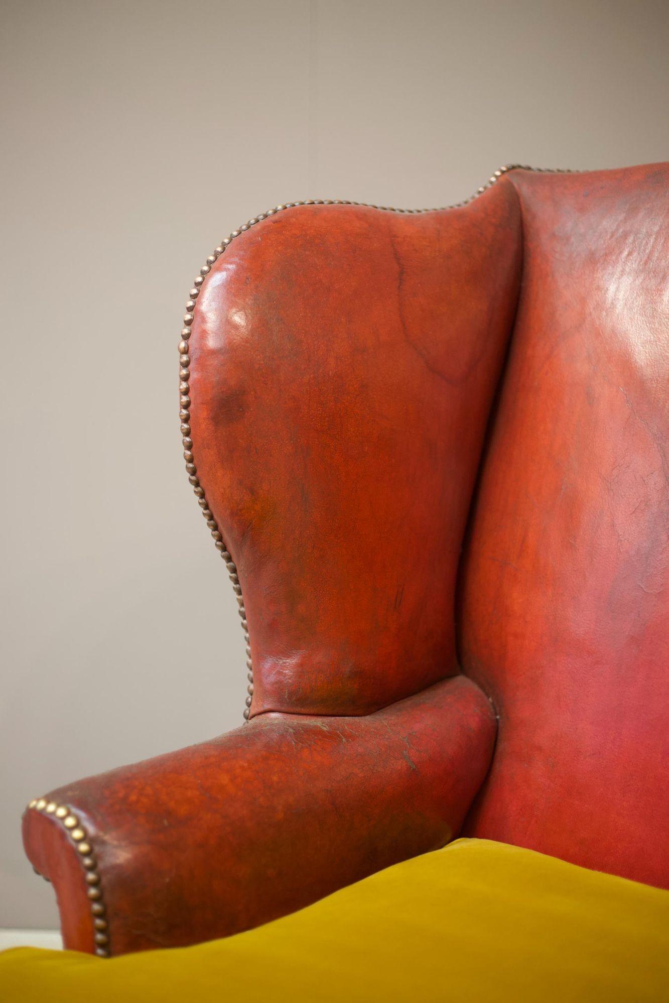 19th Century Red Leather Wingback Armchair In Good Condition For Sale In Malton, GB